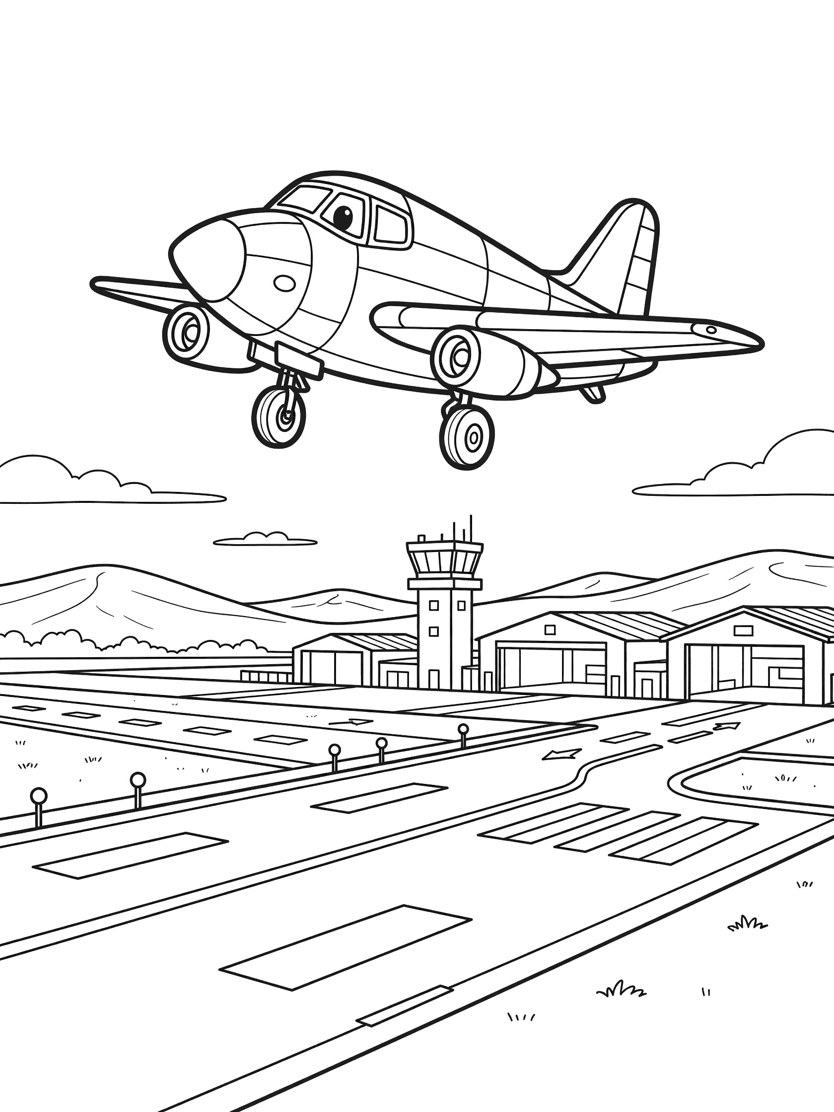 Cute cartoon bomber plane taking off with landing gear up, runway lights, control tower, hangars, and hills in the background - printable coloring page