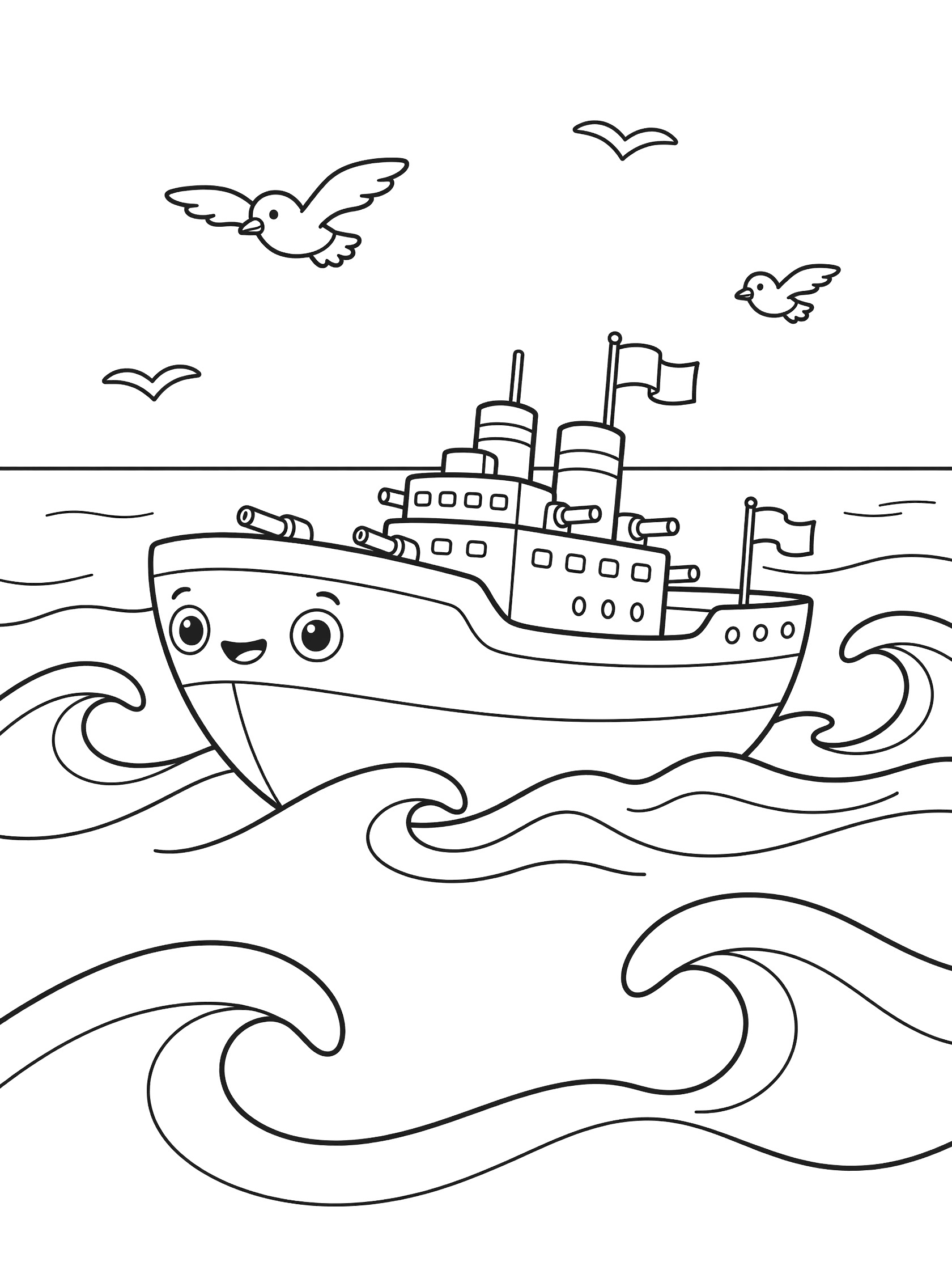 Cute destroyer ship coloring page with happy face portholes, smokestacks, tiny cannons, flapping flags, ocean waves, horizon, and seagulls in line art style