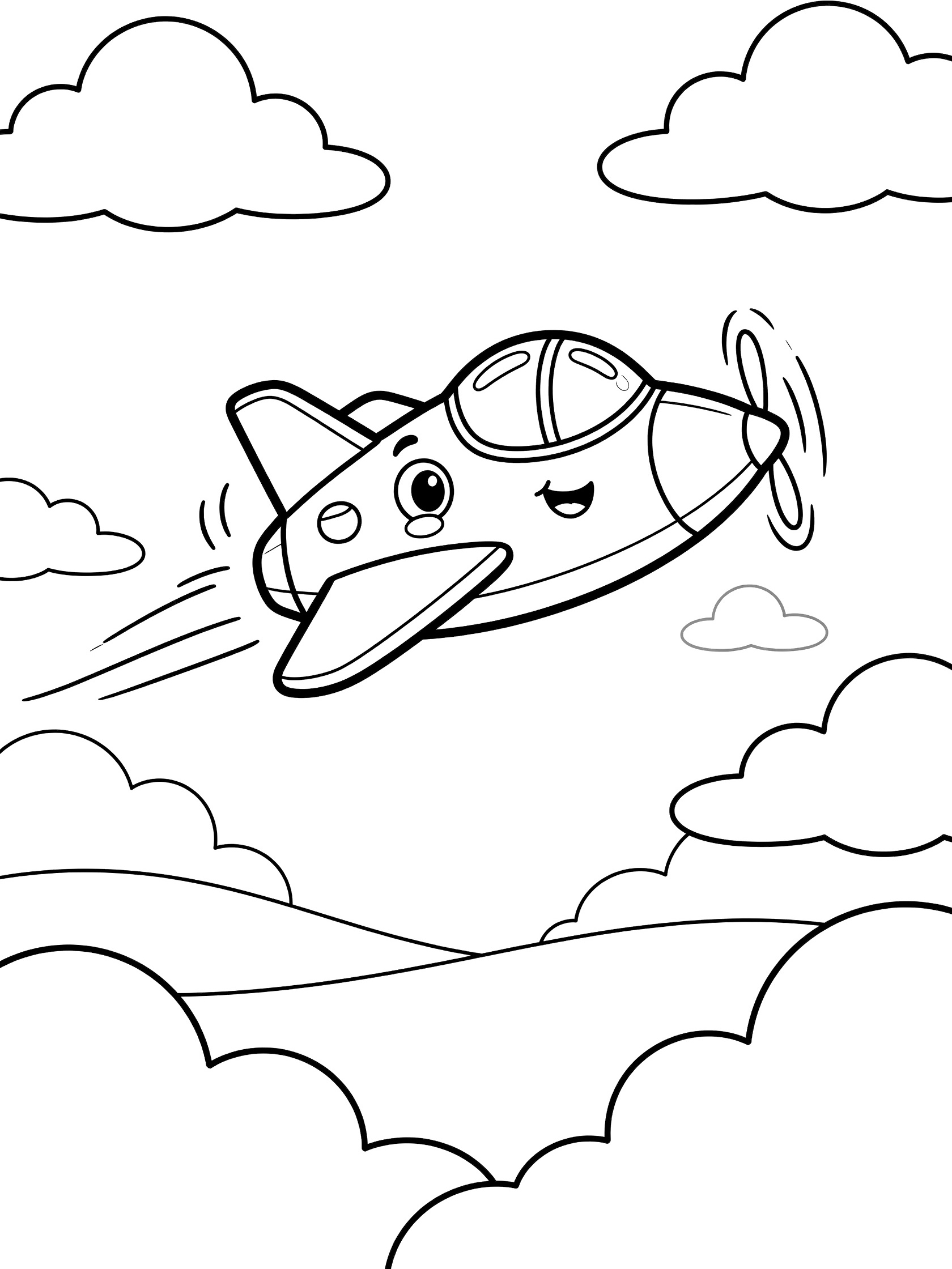 Black and white coloring page of a cute fighter jet with friendly eyes, stubby wings, spinning propeller, wavy contrail, fluffy clouds, and rolling hills below