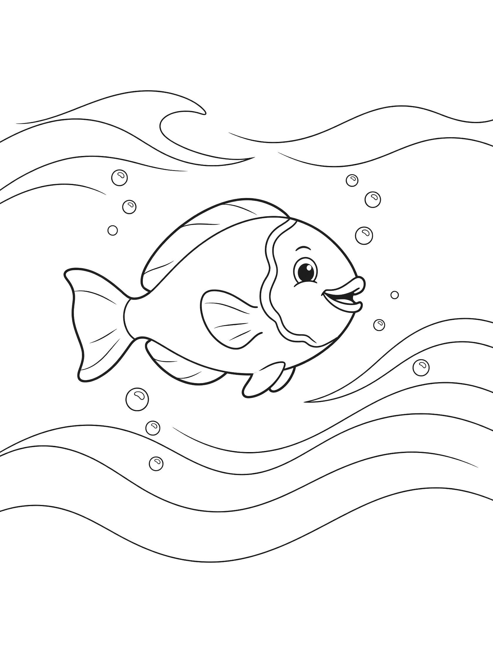 Black and white line art coloring page showing a happy cartoon fish with big eyes and open mouth swimming among wavy lines and round bubbles. Parrotfish themed black and white printable line art