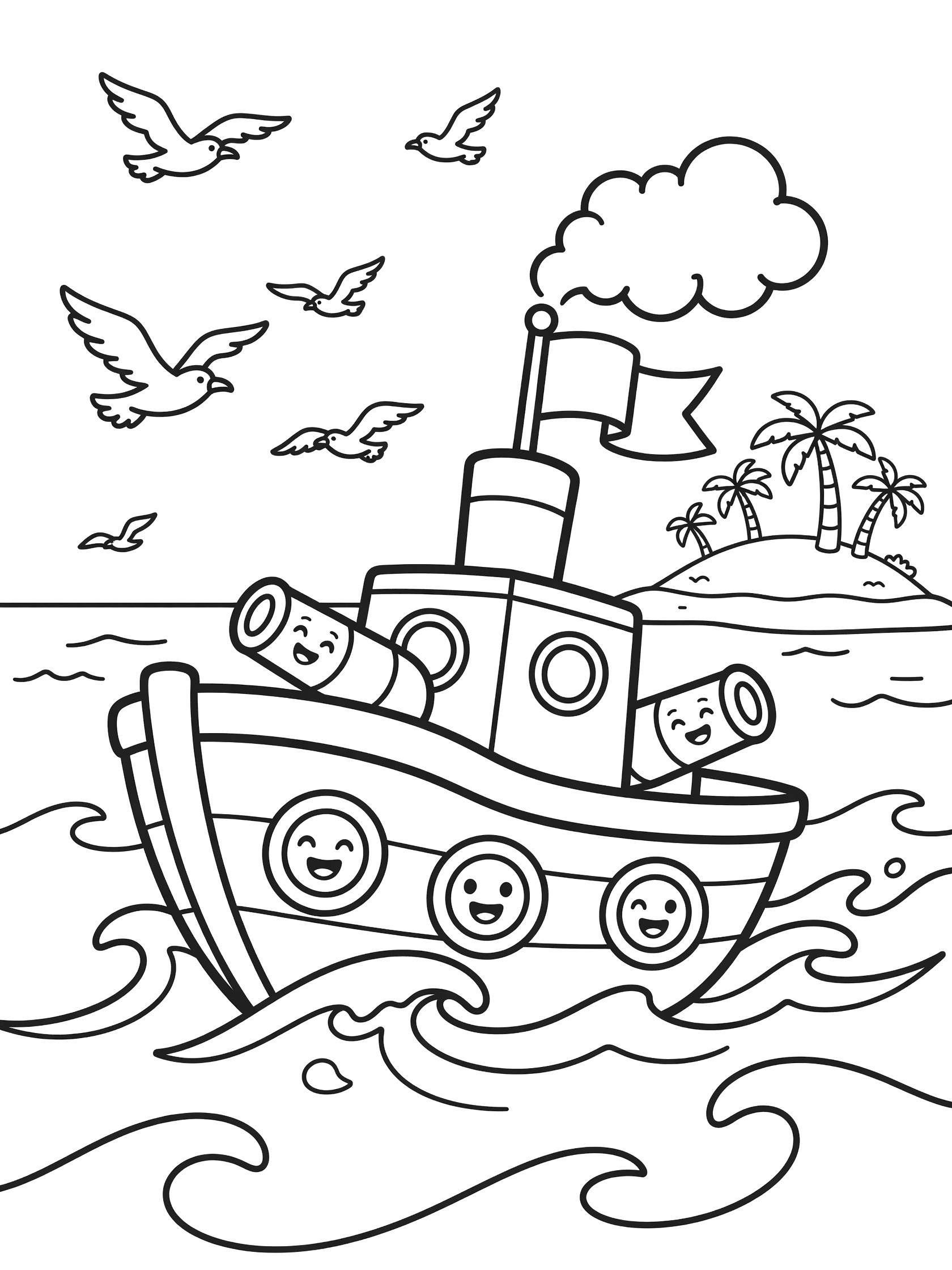 Cute cartoon gunboat coloring page with happy face portholes, cartoon cannons, flapping flag, seagulls, waves, smokestack, and distant tropical island