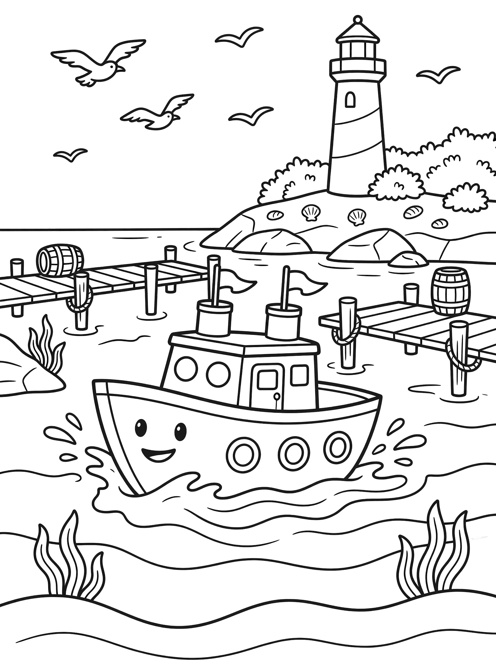 Cute cartoon harbor cruiser boat with smiling face patrolling gentle waves near wooden docks, lighthouse on rocky shore, seagulls flying overhead, black-and-white coloring page.