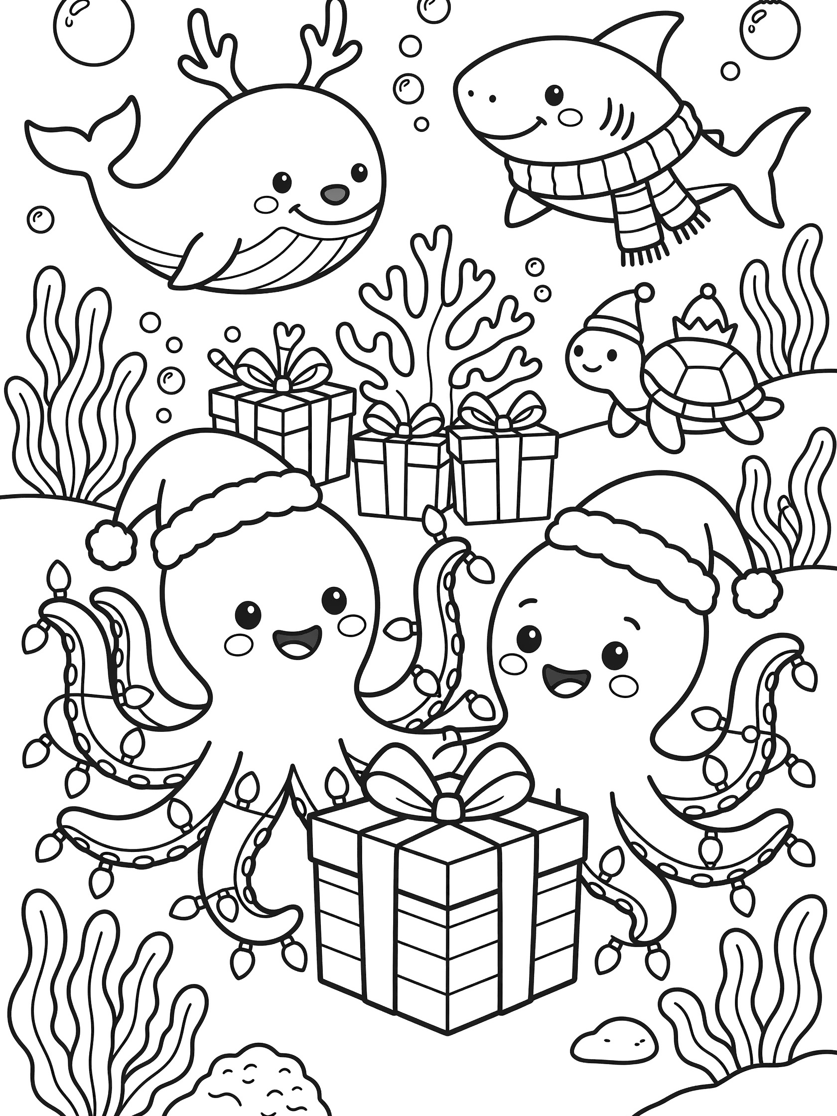 Black and white printable alphabet animals worksheet featuring cute octopuses in Santa hats surrounded by whale, shark, sea turtle, coral, gifts, and bubbles for underwater Christmas coloring fun.