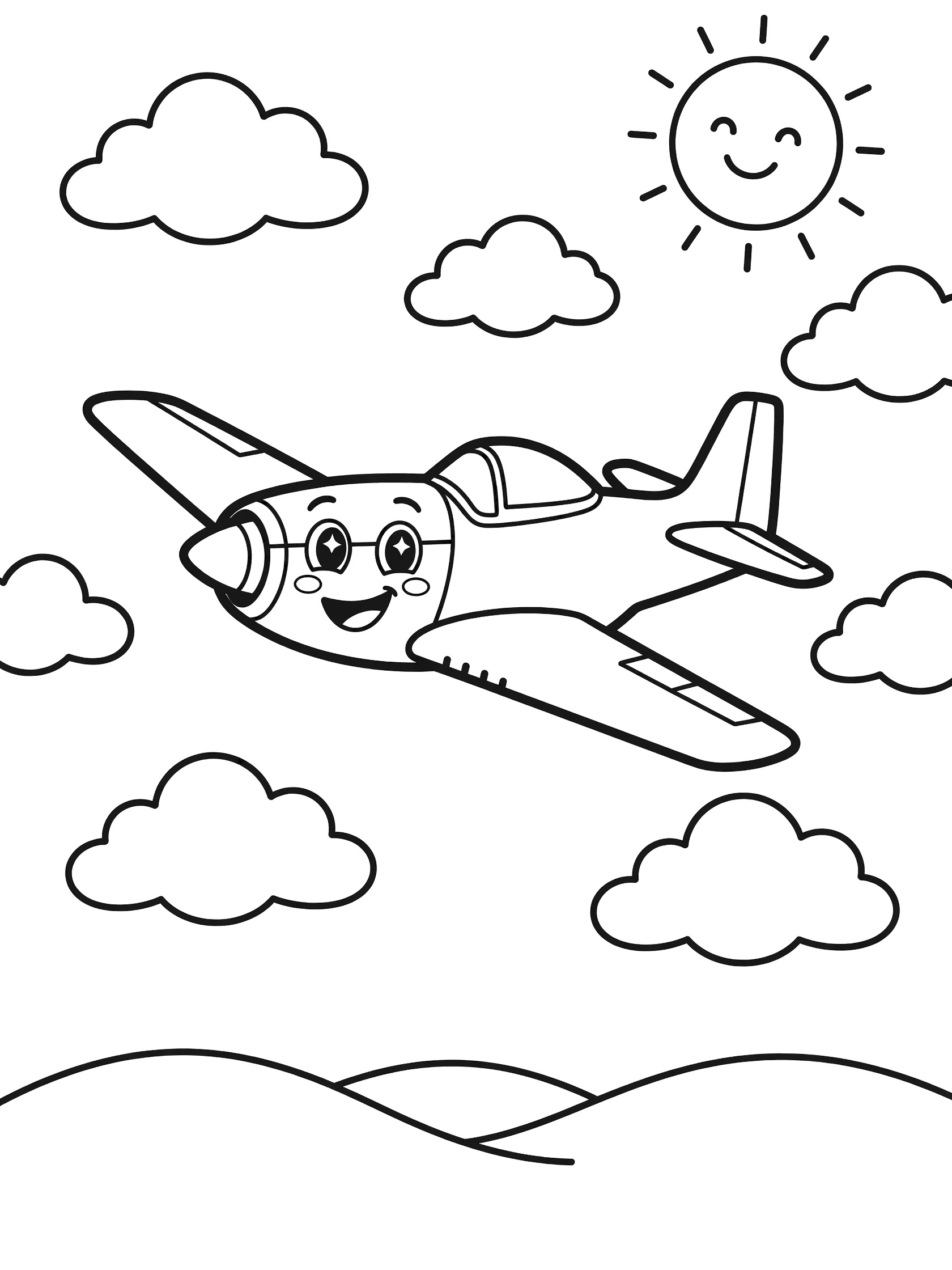 Cute cartoon P-51 Mustang plane in a banking turn with sparkling eyes and wide smile, surrounded by clouds, sun, and hills - printable coloring page