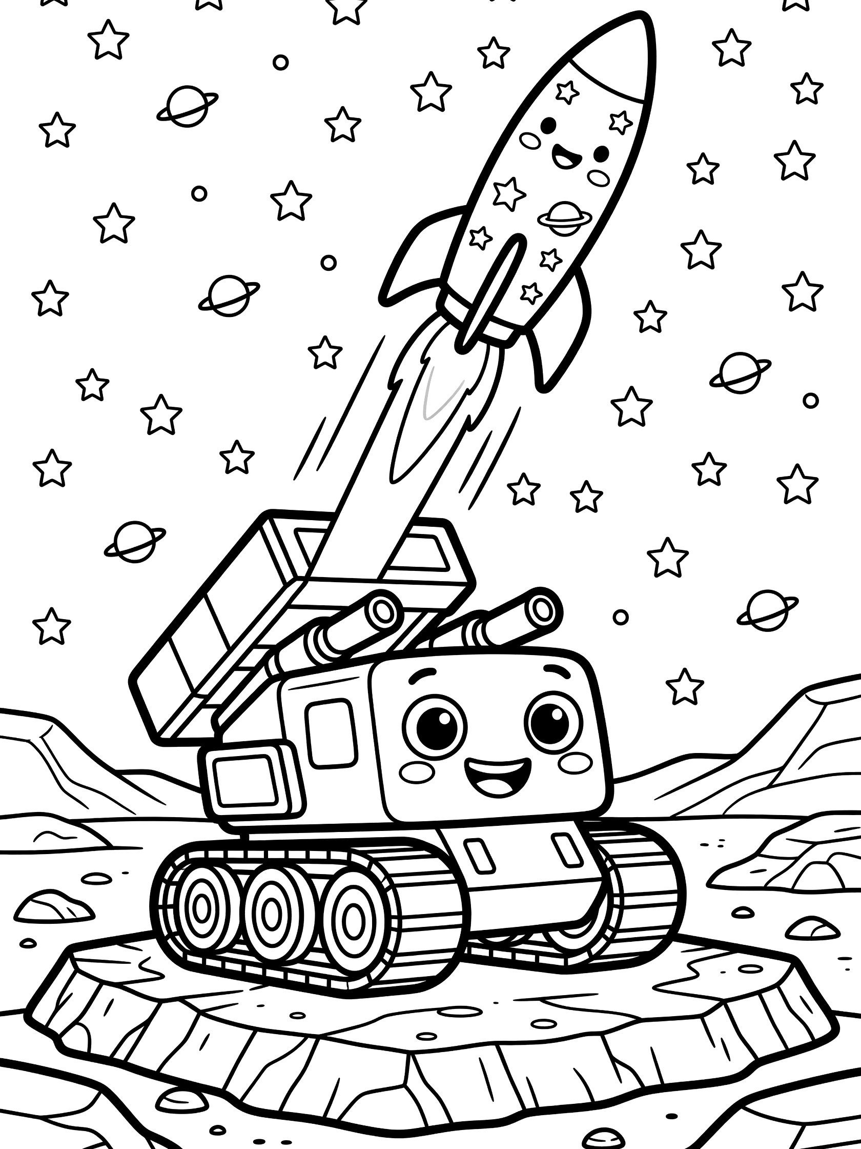 Black and white coloring page showing a cute rocket launcher vehicle with big eyes and grin, on treads at a desert launch pad, firing a rocket with starry decals and exhaust trail under starry sky.