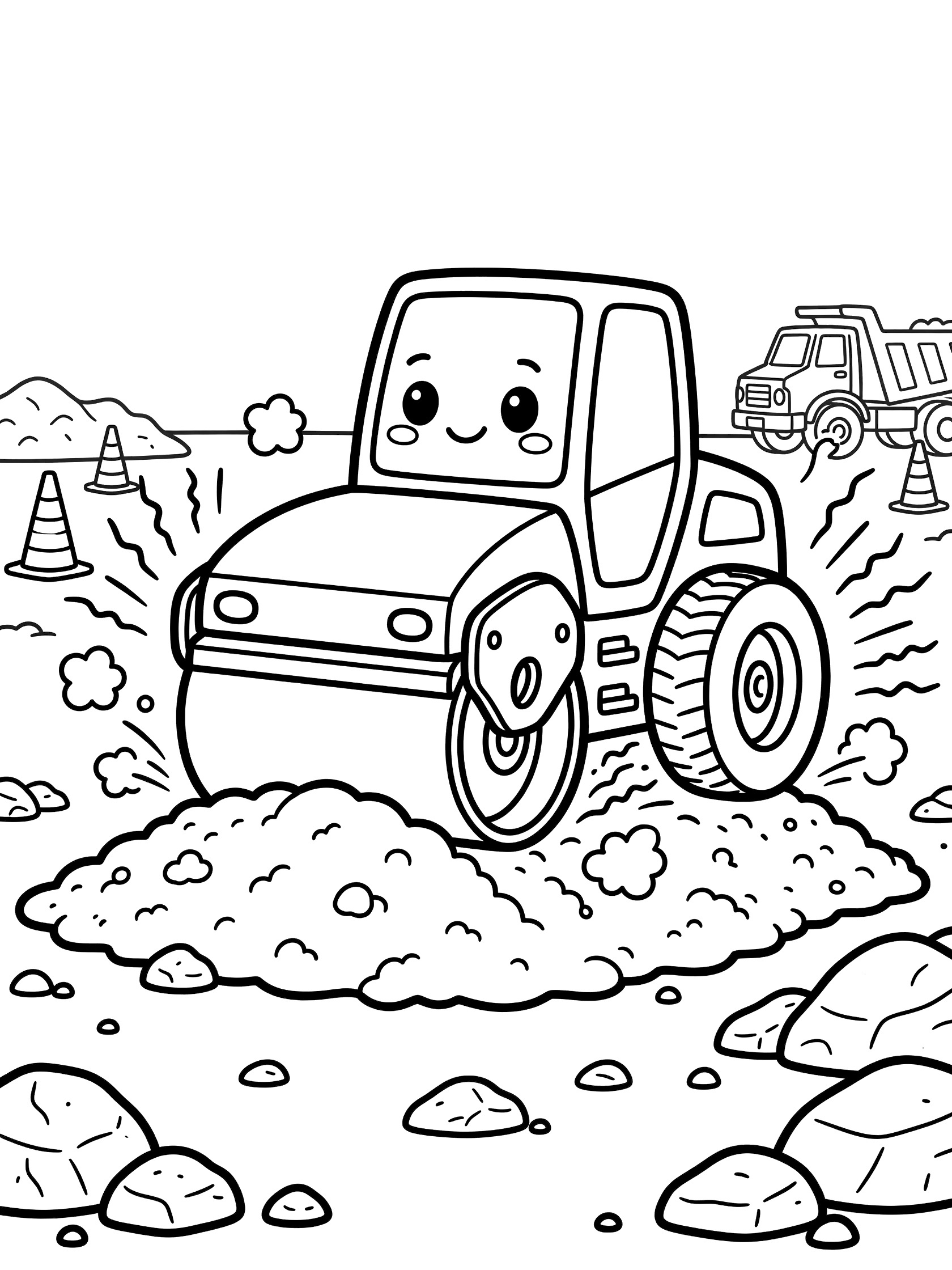 Cute cartoon soil compactor with happy eyes vibrating over bumpy dirt mound, kicking up dust puffs, with rocks, distant dump truck, and safety cones on construction site coloring page