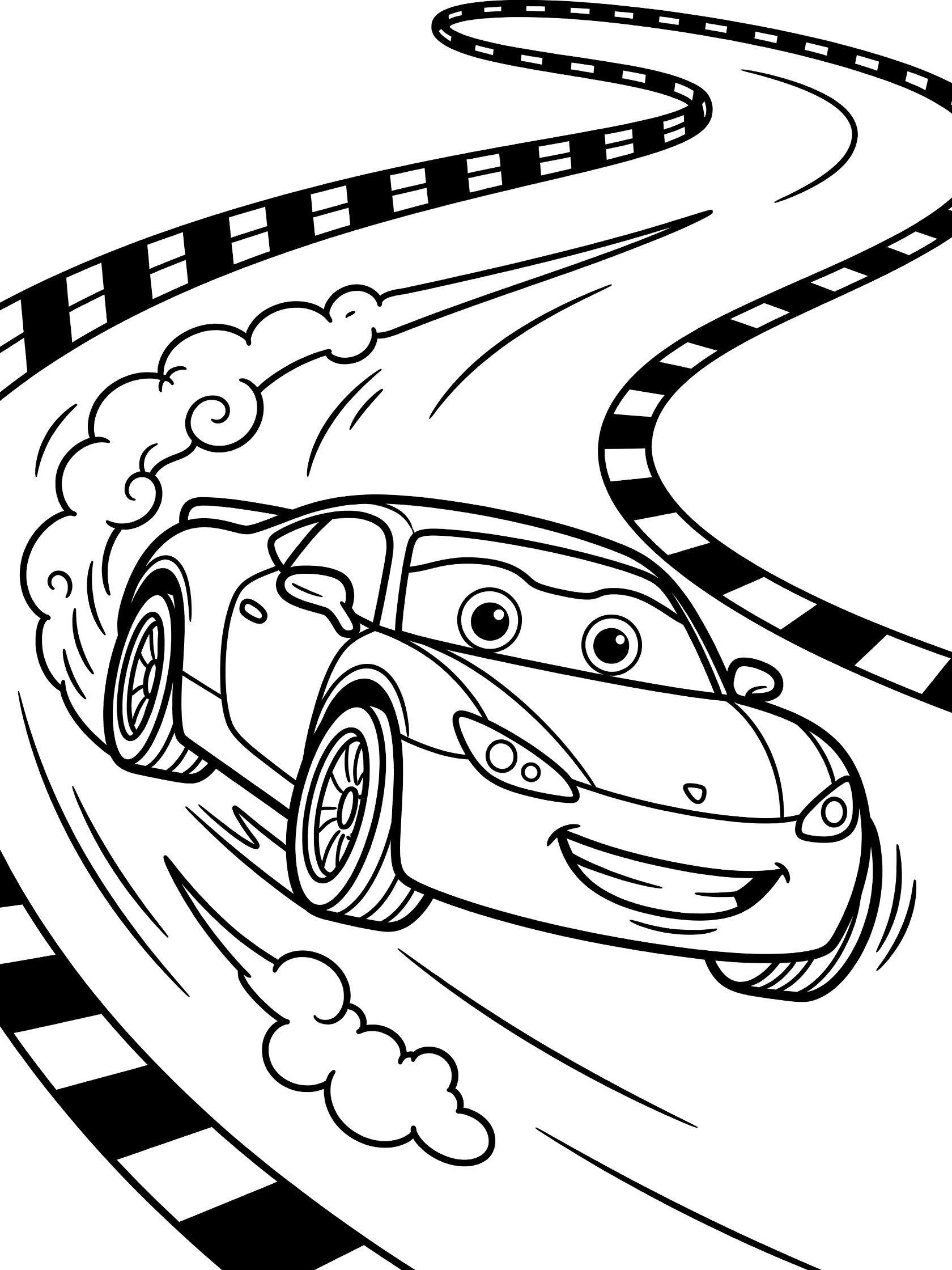 Black and white coloring page of a cute sports car drifting around a racetrack corner with smoke trails from tires, big sparkling eyes, wide smile, checkered flag barriers.