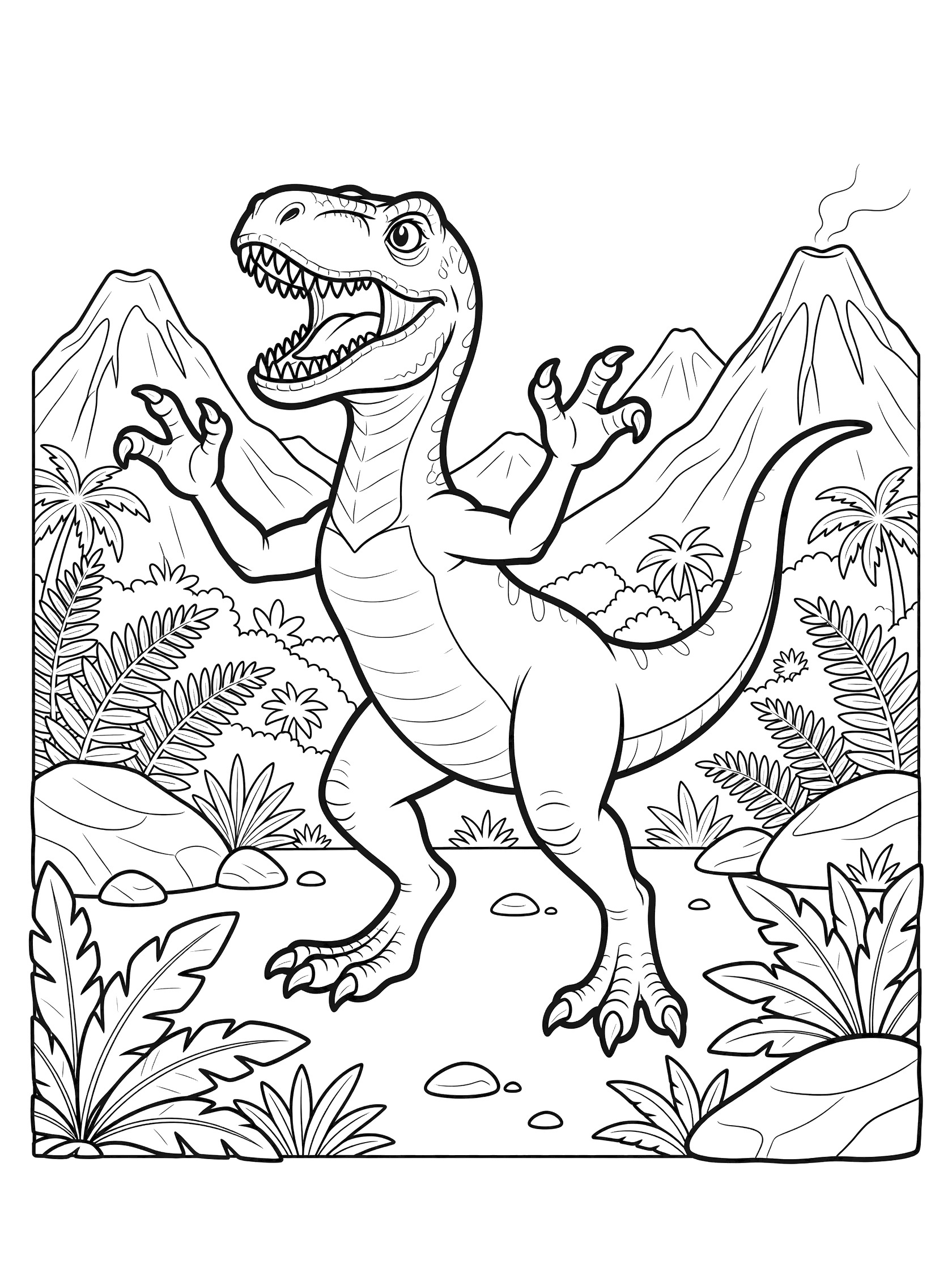 Printable coloring page showing a cute T-Rex dinosaur standing on hind legs roaring fiercely with sharp teeth visible, claws up, tail out, surrounded by jungle ferns, rocks, palm trees, and distant volcano peaks. Velociraptor themed black and white printable line art