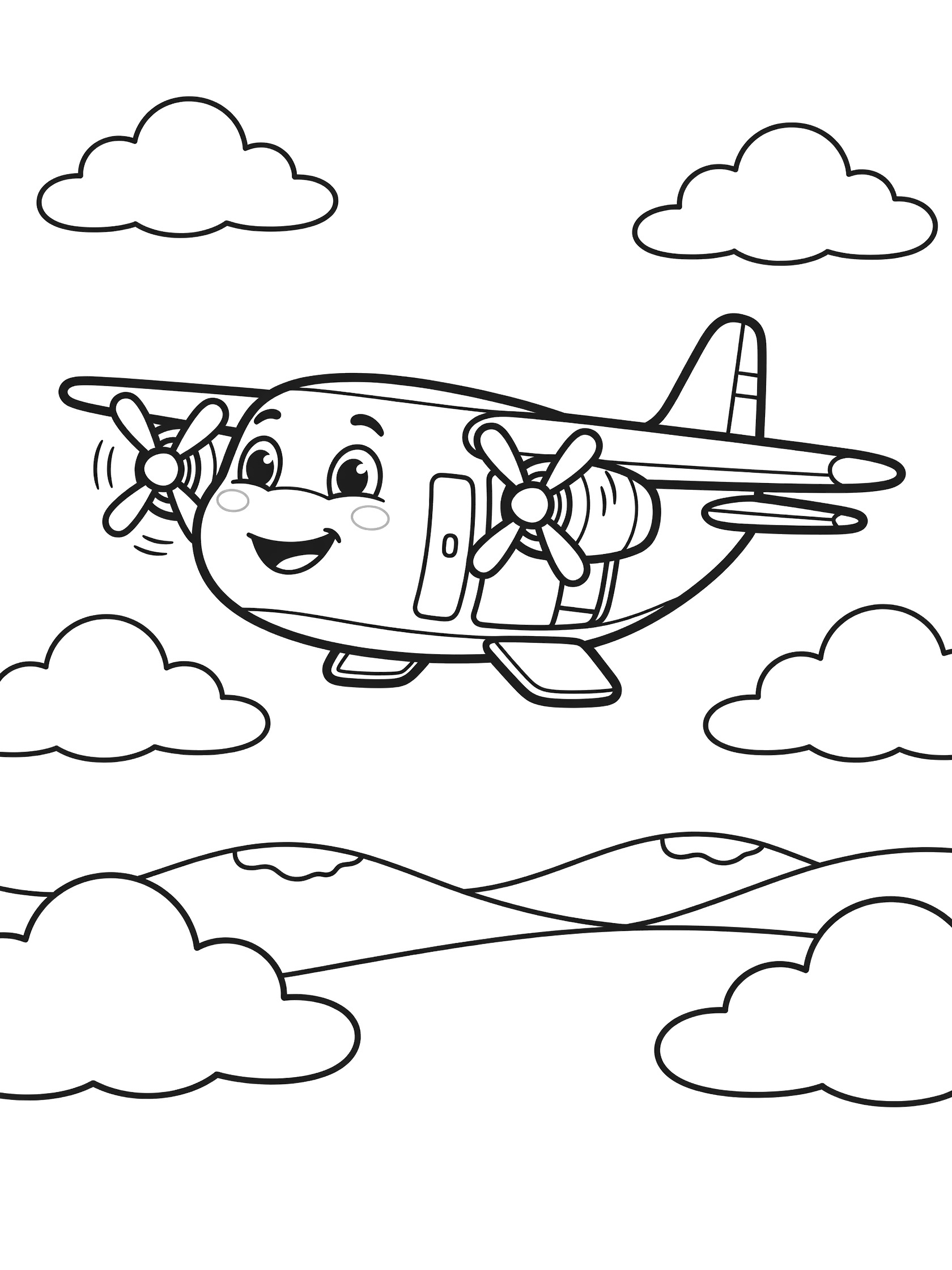Cute cartoon transport plane coloring page with big smiling eyes, spinning propellers, boxy body, open cargo doors, flying over clouds and hills in simple line art.