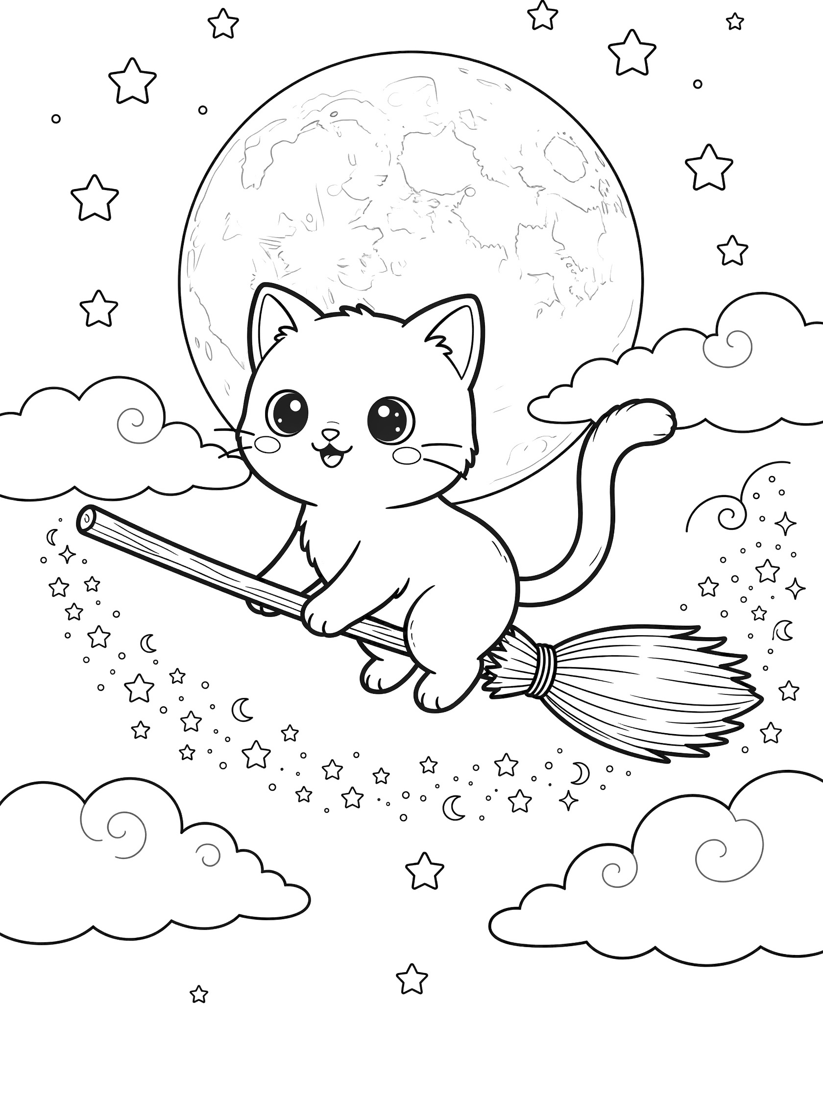 Kawaii cat with big eyes flying on a broomstick under a large full moon, surrounded by stars, fluffy clouds, and sparkles in clean line art