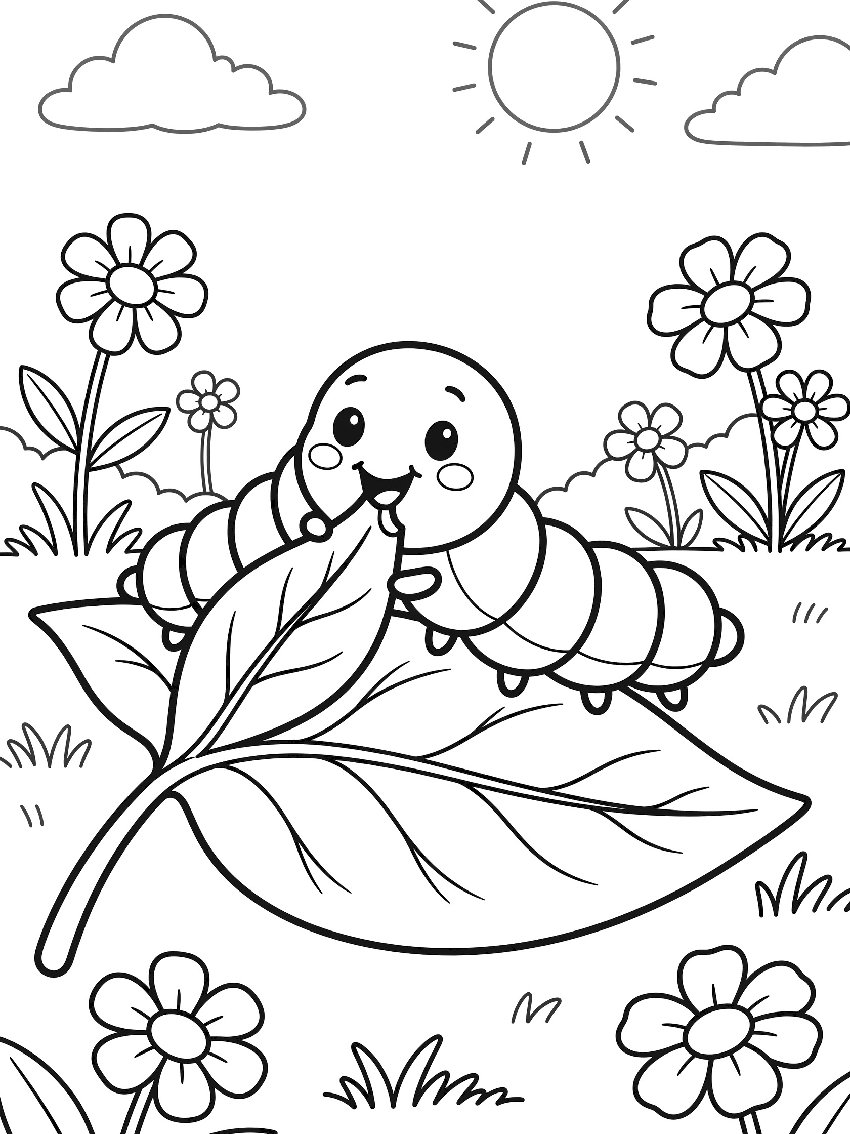Black and white line art coloring page showing a chubby caterpillar with big eyes eating a large leaf, surrounded by flowers, grass, sun, and clouds.