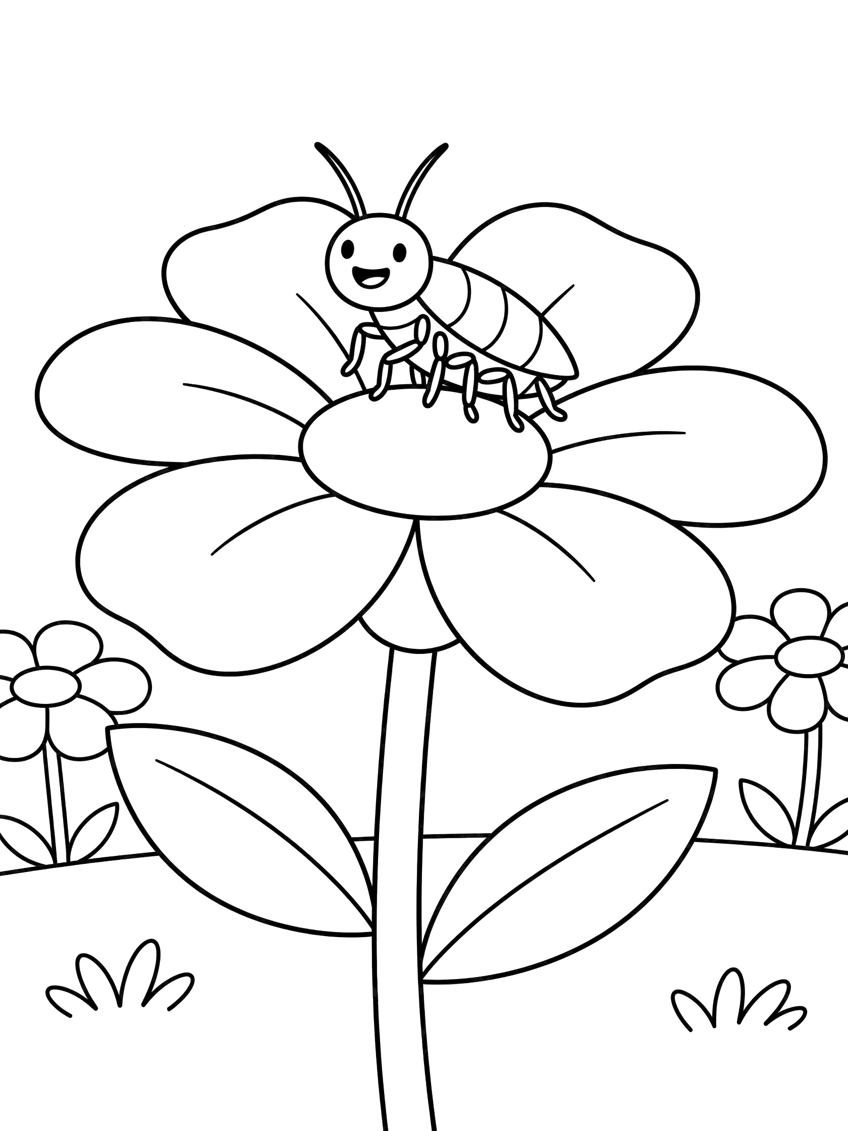 Black and white line art coloring page showing a smiling caterpillar on a large flower with petals, stem, leaves and small background flowers. Cockroach themed black and white printable line art