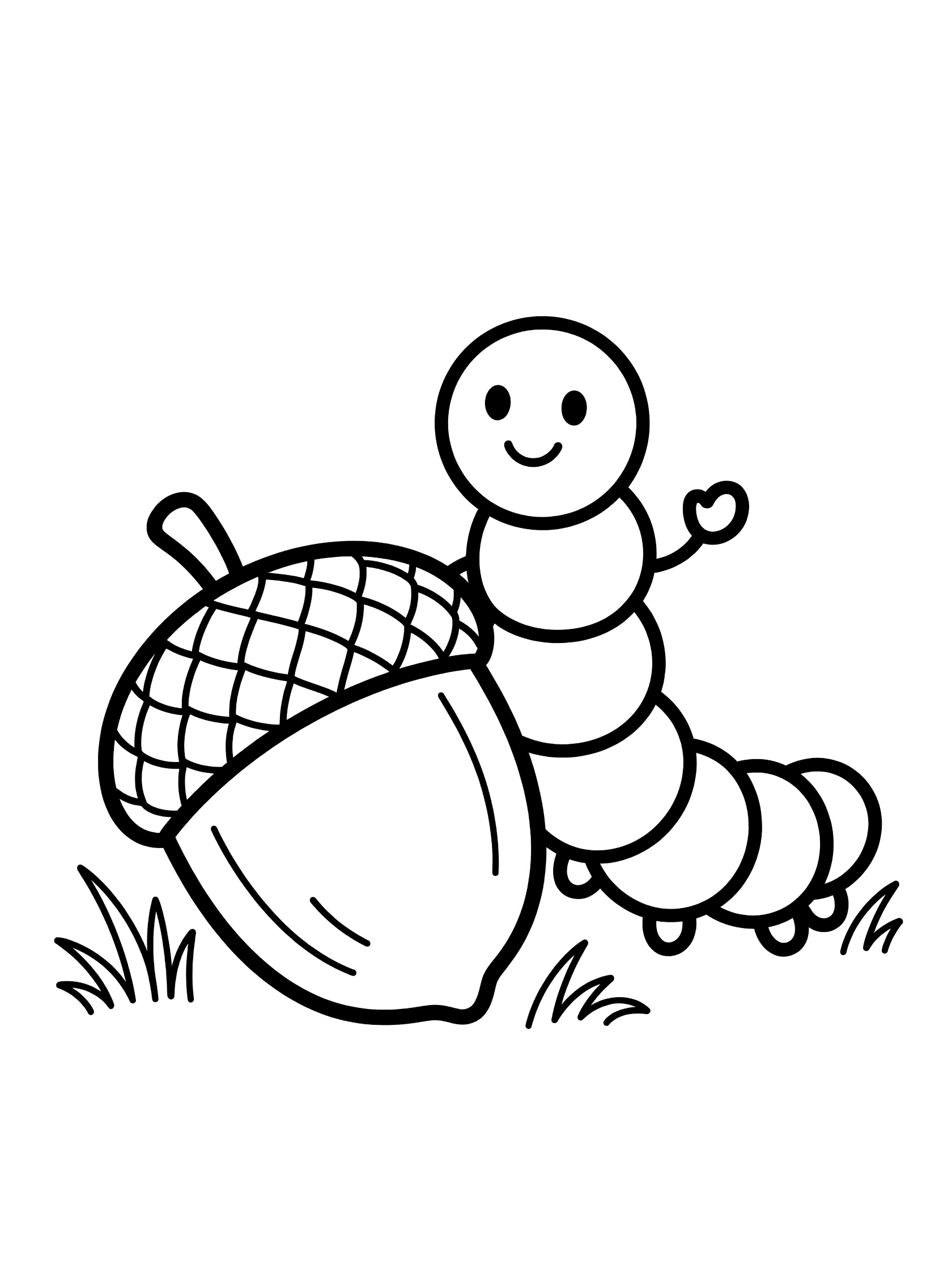 Black and white line art coloring page showing a smiling caterpillar with raised arm waving behind a large acorn with textured cap and grass tufts