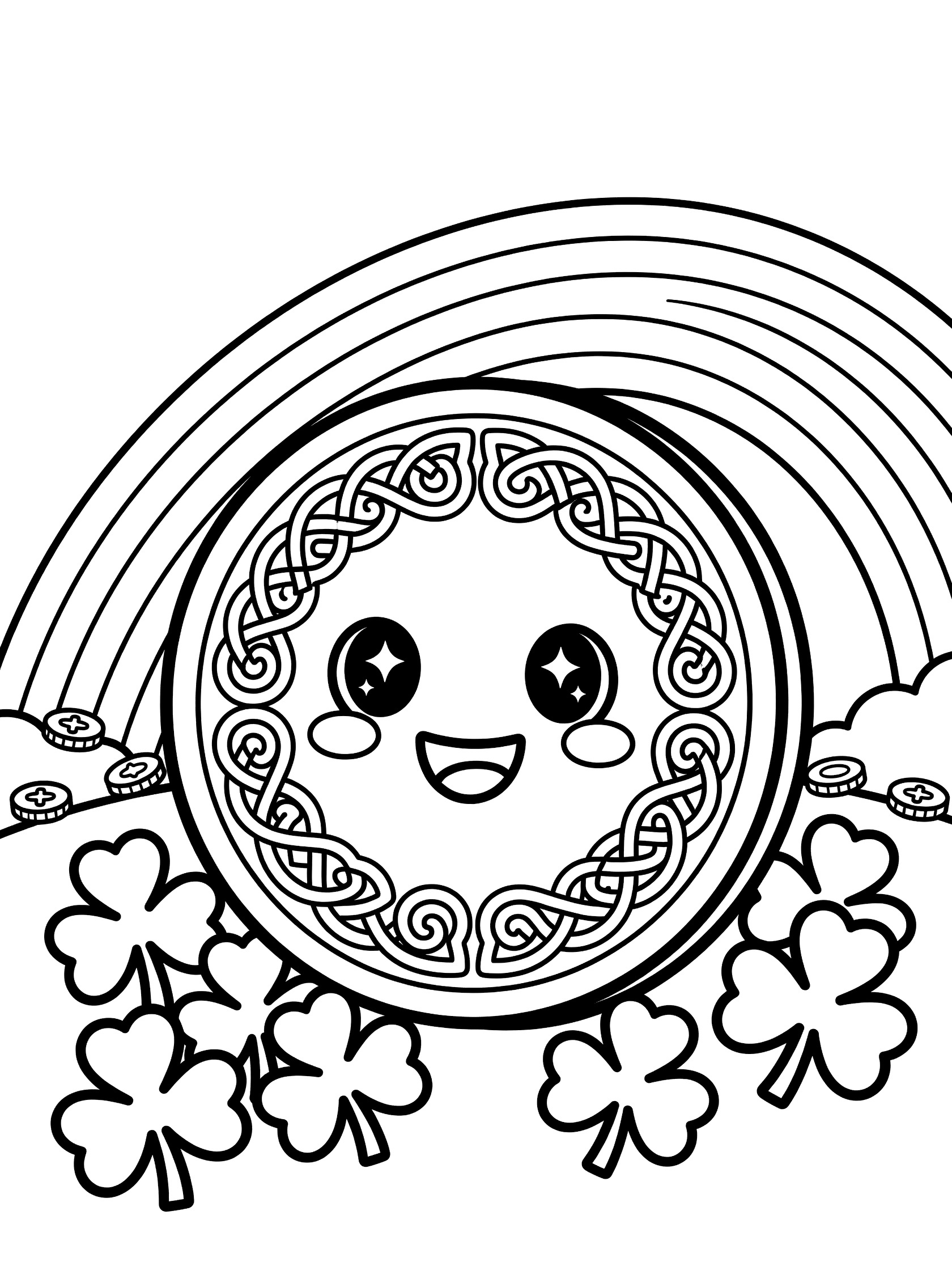Black and white coloring page of a cute kawaii-style lucky coin featuring swirling Celtic knot designs, big eyes, blushing cheeks, and wide smile, surrounded by shamrocks, rainbow arc, and tiny coins for St. Patrick's Day.