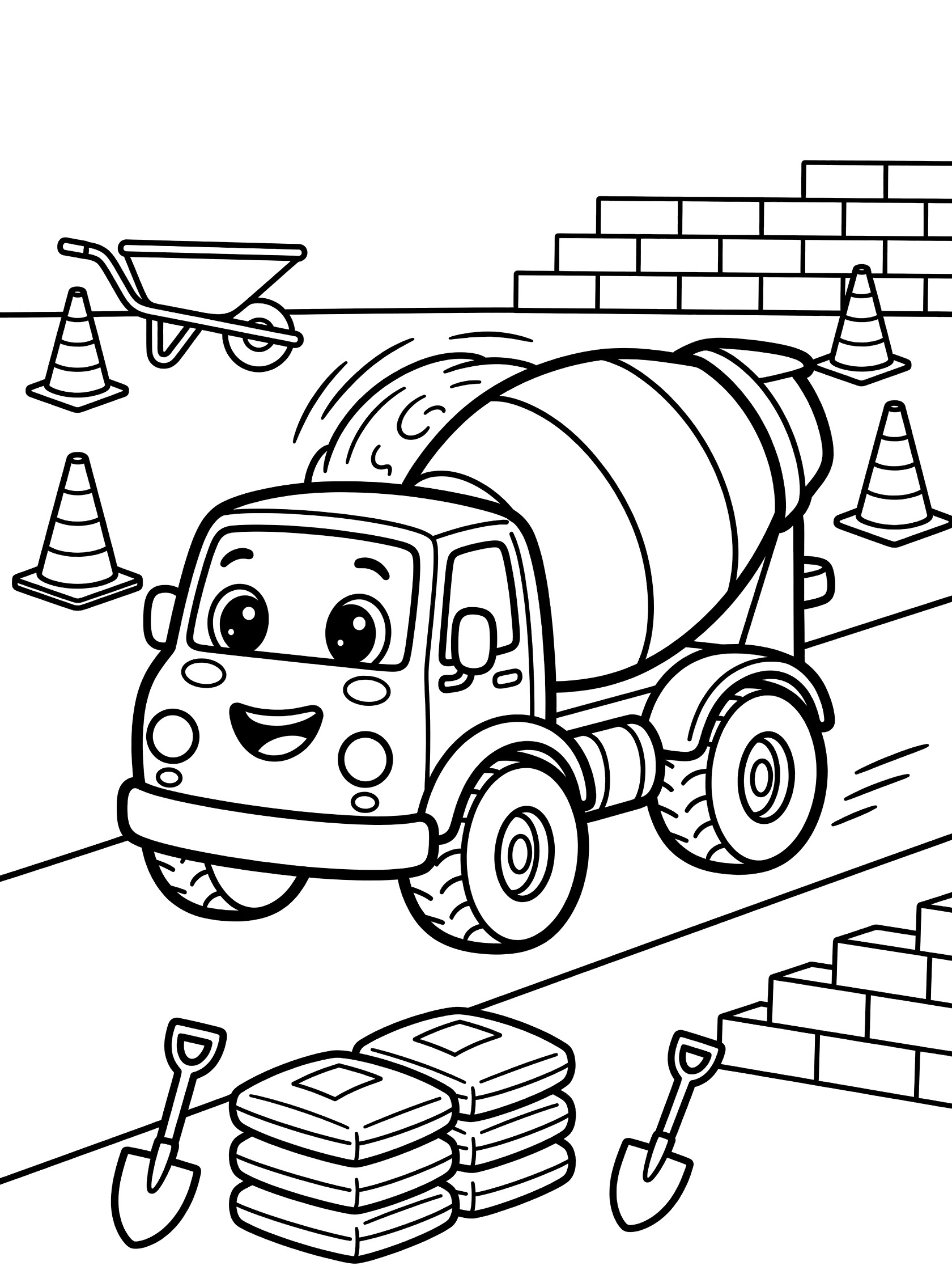 Cute cartoon cement mixer truck with big eyes and smile, mixing cement in rotating drum, on construction road with cones, wheelbarrow, bricks, shovel, and cement bags coloring page