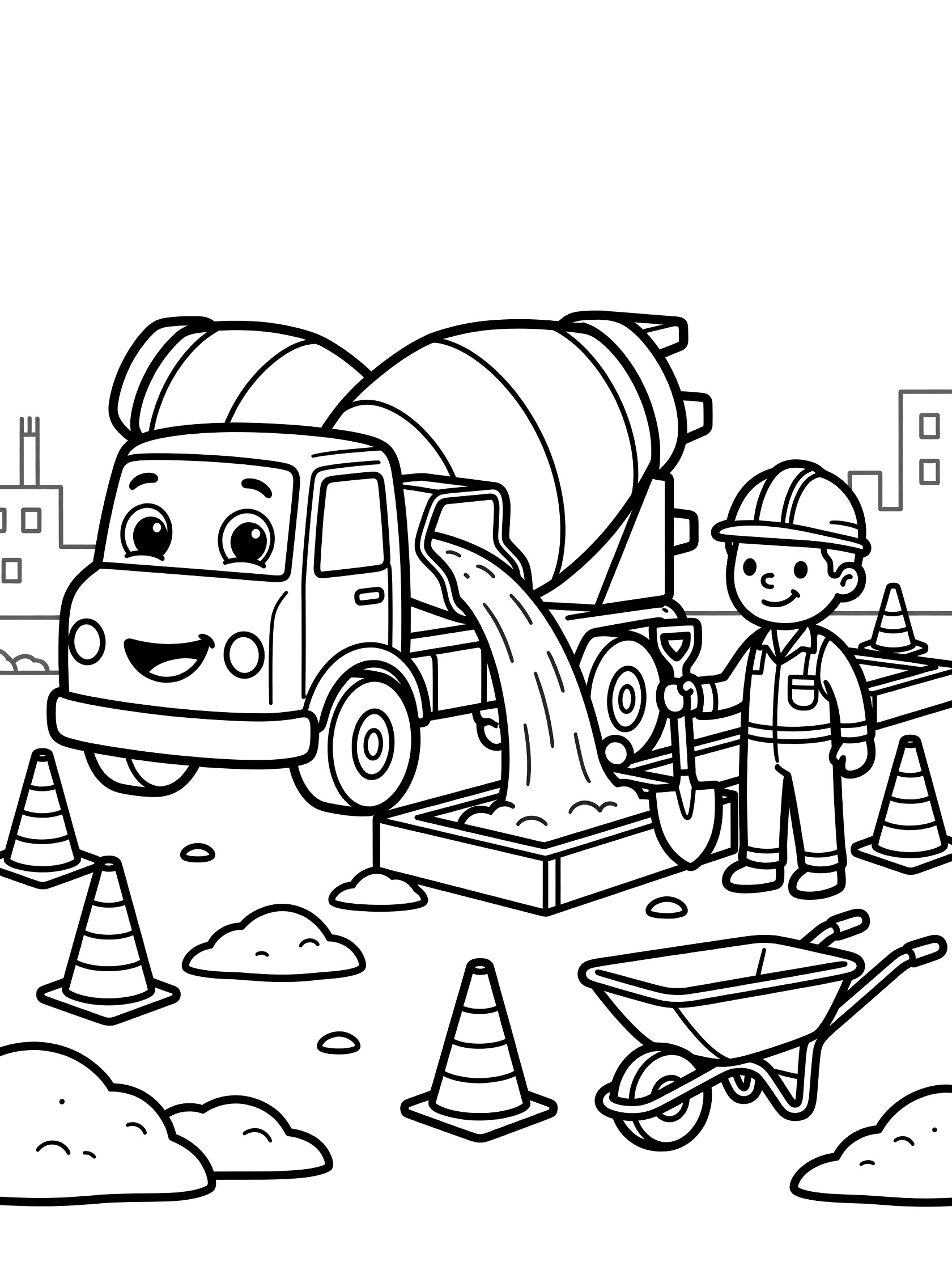 Cartoon cement mixer truck with big eyes pouring concrete from its drum into wooden forms, happy worker with shovel, traffic cones, wheelbarrow, and buildings in the background