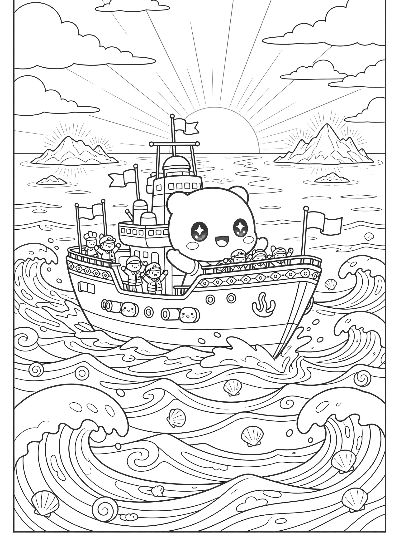Adorable kawaii line art coloring page showing a chibi military cruiser ship with sparkling eyes and blush, cutting through waves toward a sunset sky with islands, fluffy clouds, and foam crests.