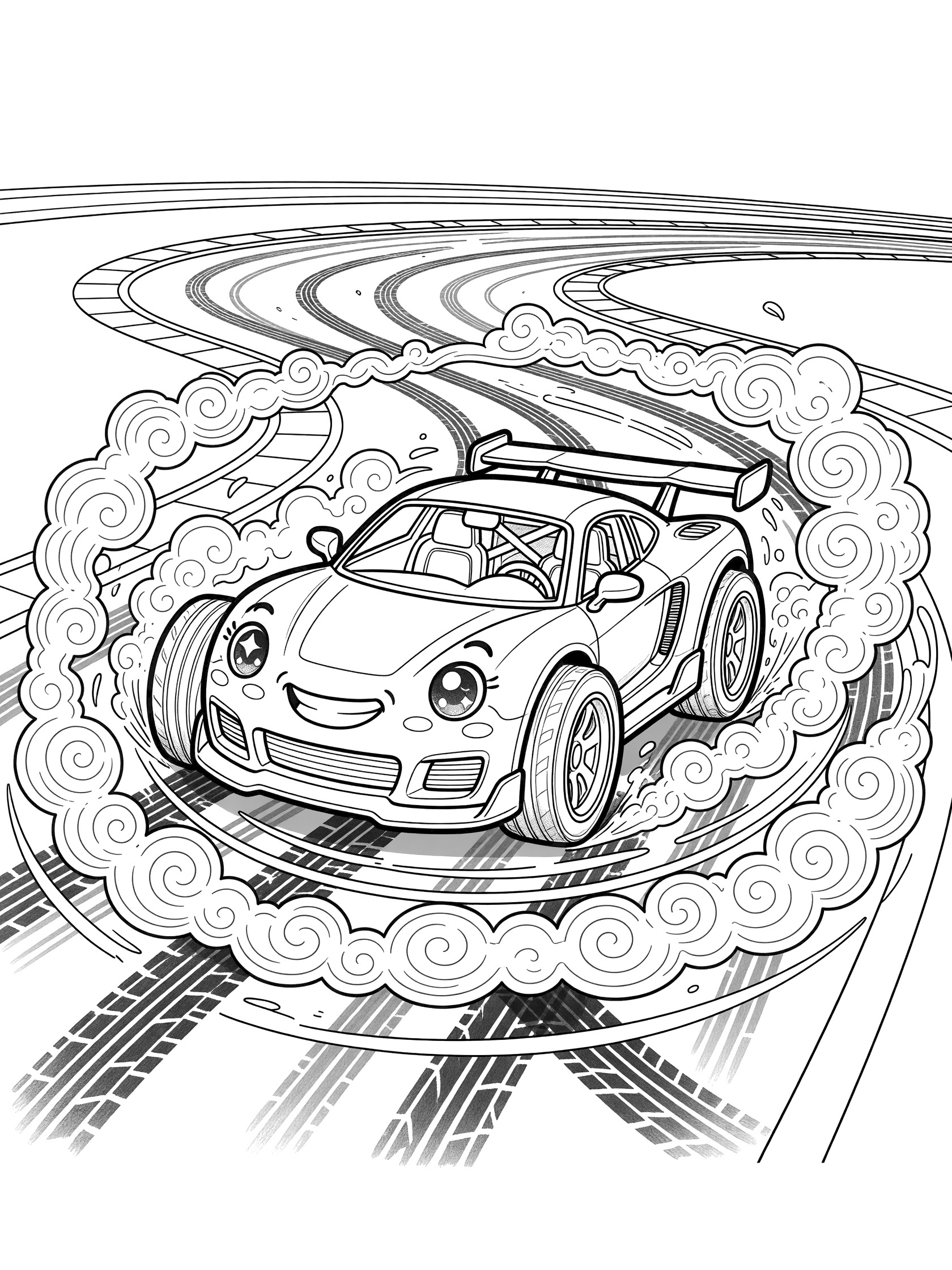 Kawaii-style coloring page of a cute chibi funny car with sparkling eyes and big smile, spinning donuts on asphalt track with swirling smoke patterns and burn marks.