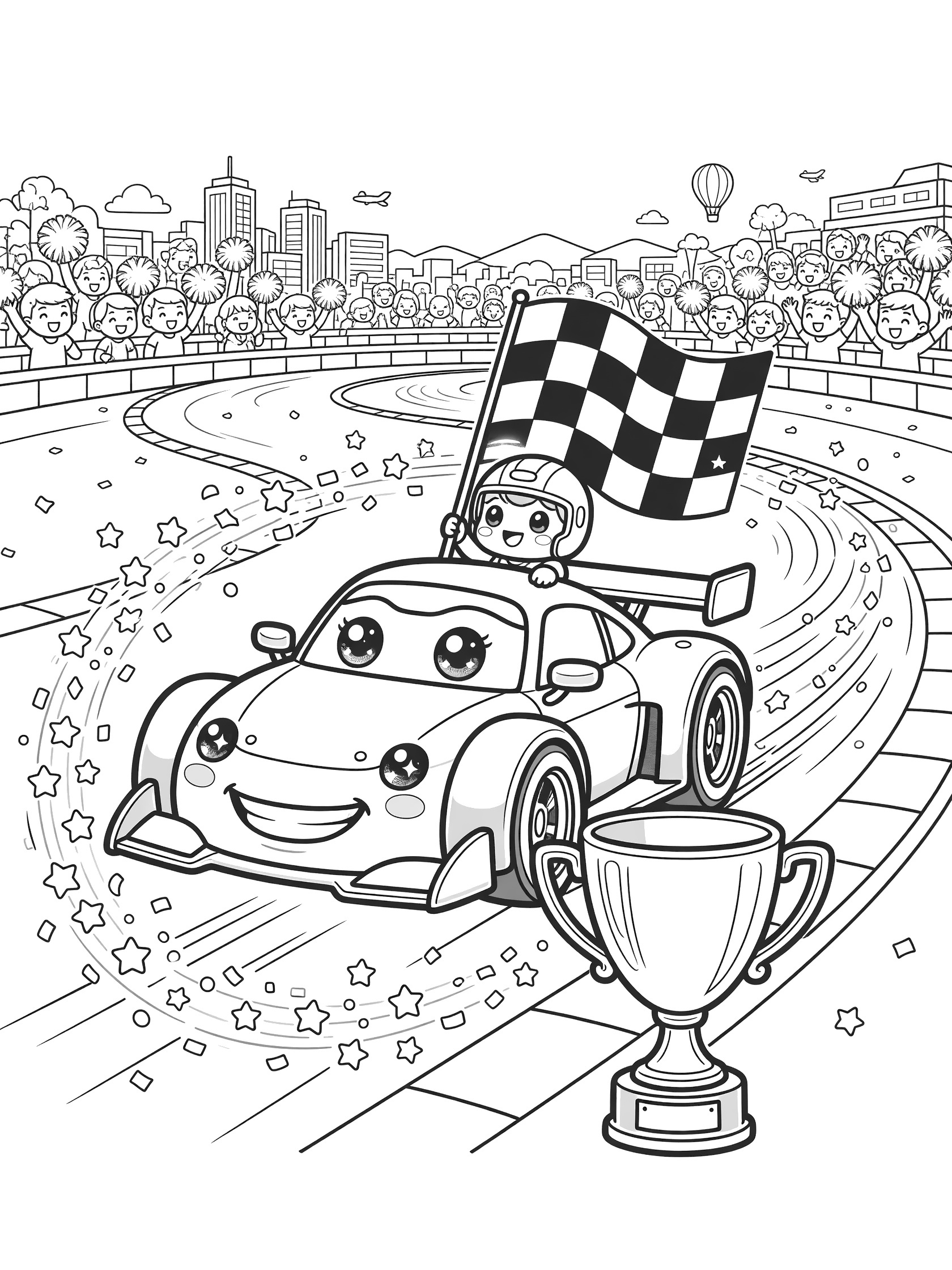 Black-and-white coloring page of a cute chibi Indy Car doing a victory lap on a racetrack, waving a giant checkered flag, with speed lines, confetti, trophy, and cheering crowd in grandstands.