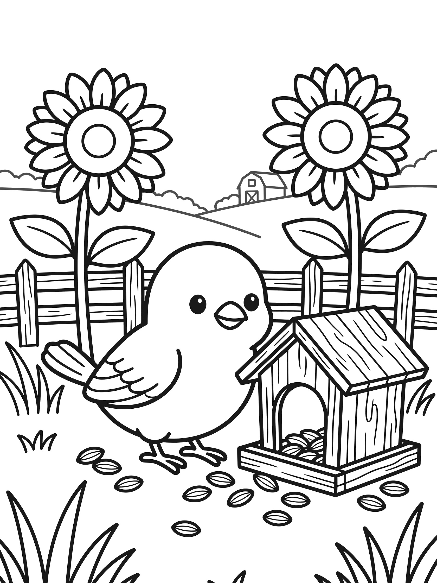 Black and white line art coloring page showing a cute chick pecking seeds by a wooden birdhouse, surrounded by sunflowers, grass, a fence and a barn in a farm setting. Canary themed black and white printable line art