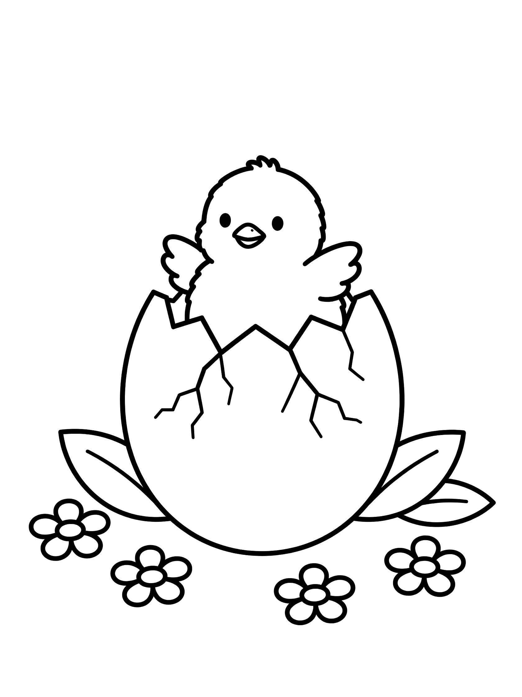 Black and white line drawing of a cute baby chick hatching from a big Easter egg with cracks, surrounded by simple flowers and leaves on the ground. Peeps themed black and white printable line art