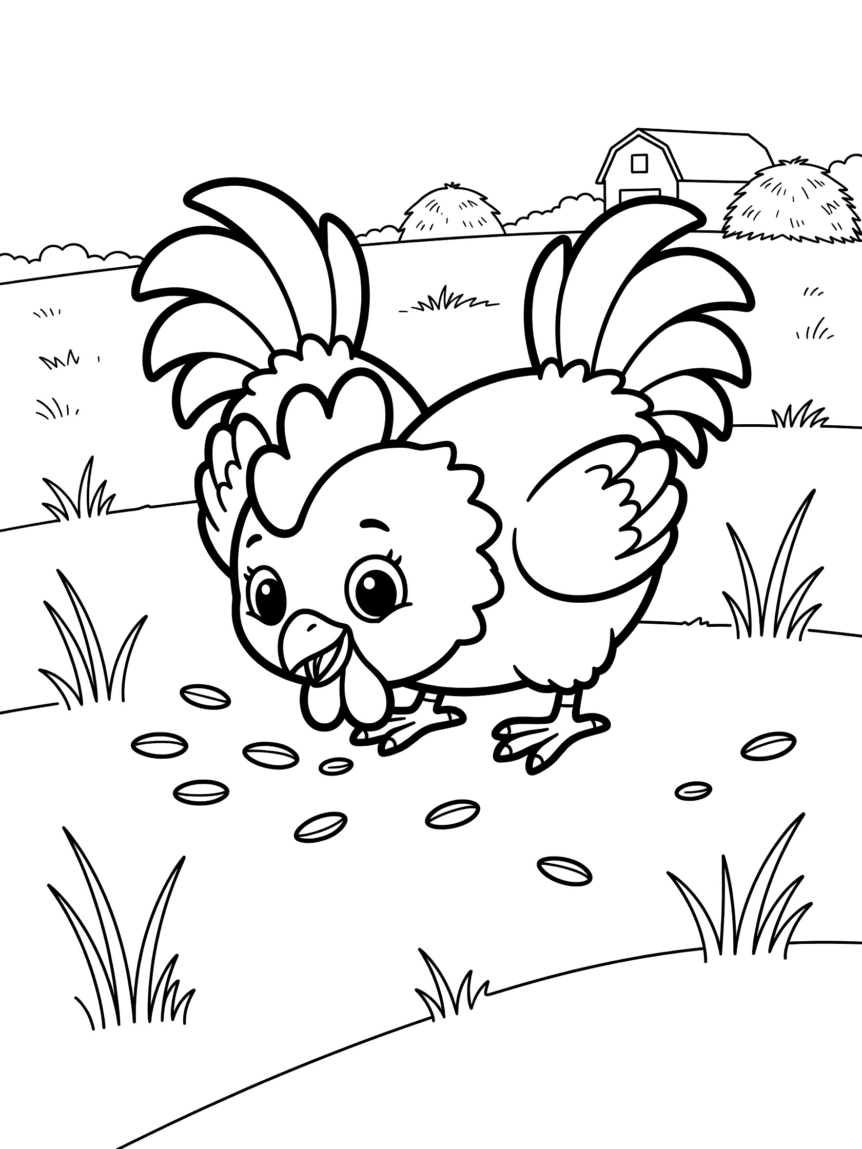 Black and white line art coloring page showing a cute baby chick with big eyes pecking at scattered seeds on the ground, surrounded by grass blades and a barn in the background. Roosters themed black and white printable line art