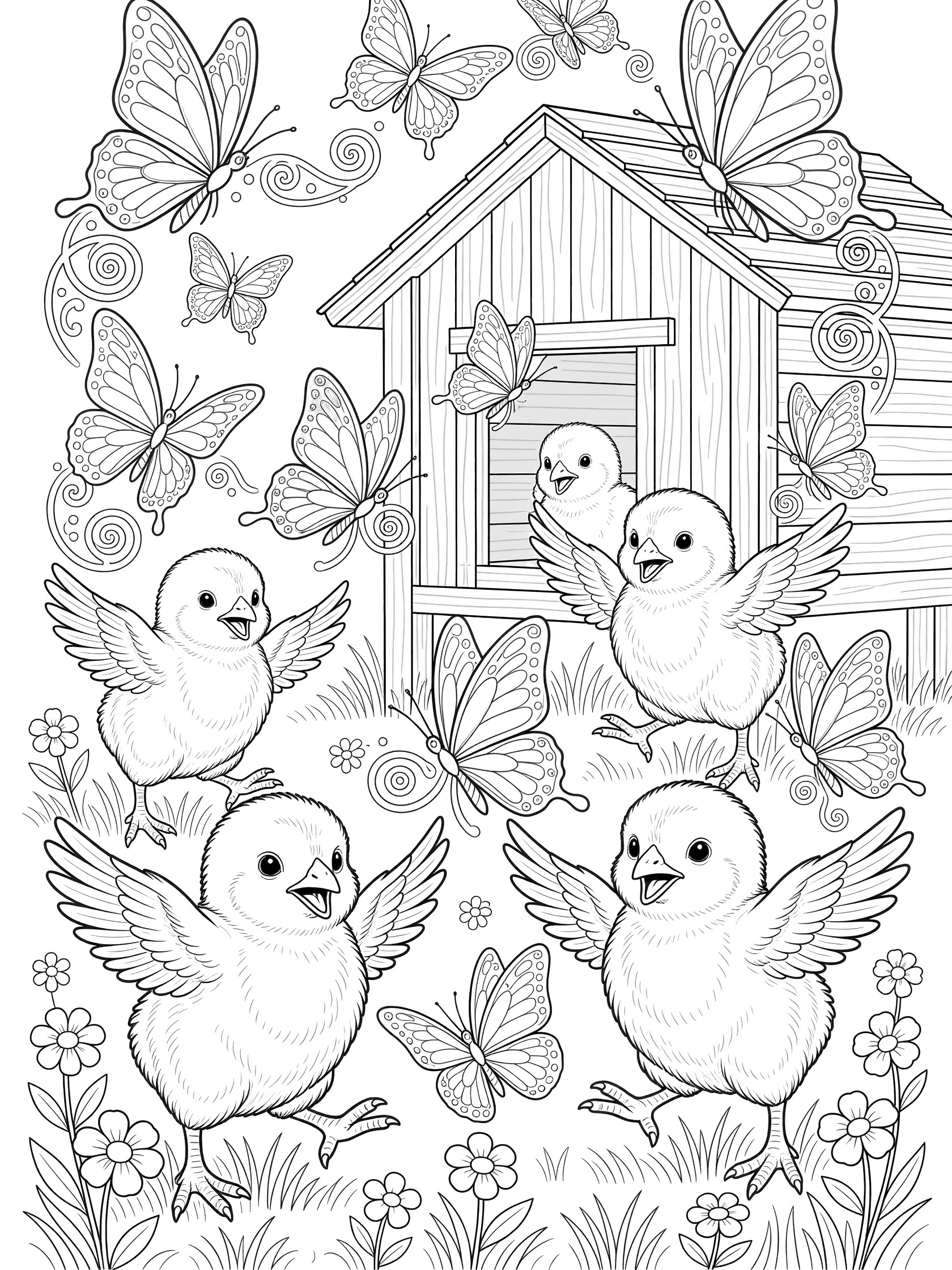 Printable coloring page showing four cute chicks with wings spread chasing swirling butterflies around a wooden chicken coop and simple flowers. Chickens themed black and white printable line art