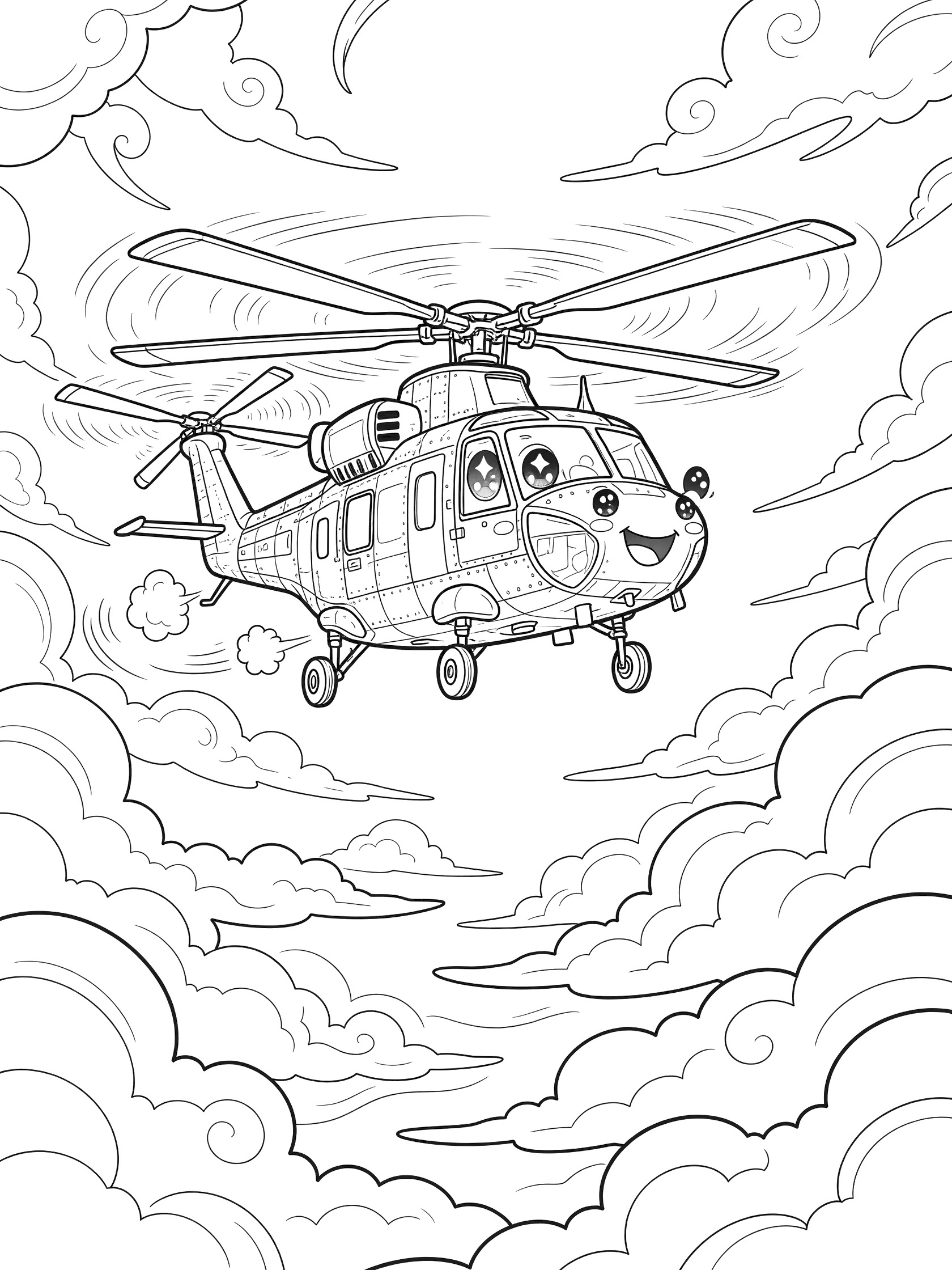 Kawaii Chinook helicopter with sparkling eyes, rosy cheeks, and grin flying through swirling clouds in a detailed line art coloring page