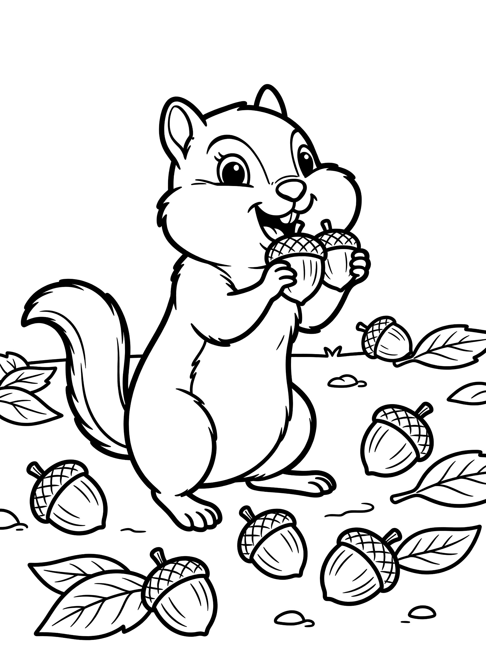 Black and white line art coloring page showing a cute chipmunk on hind legs holding acorns in its paws and stuffing more into its cheeks, surrounded by acorns and simple leaves