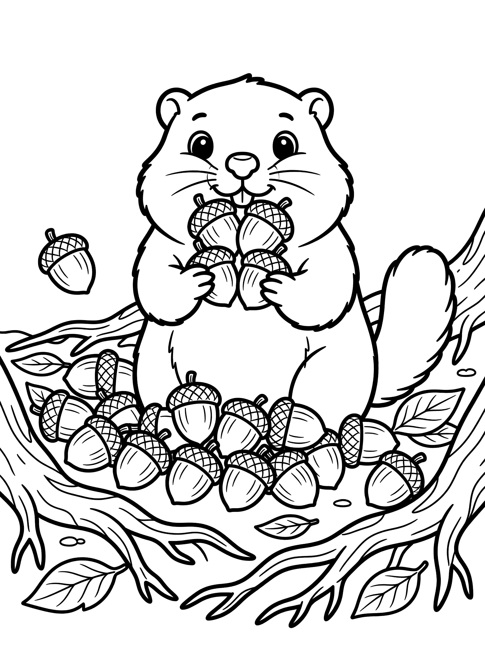 Black and white line art coloring page showing a cute chipmunk with big cheeks stuffed with acorns, holding more acorns, surrounded by a pile of acorns on tree roots and fallen leaves. Woodchuck themed black and white printable line art
