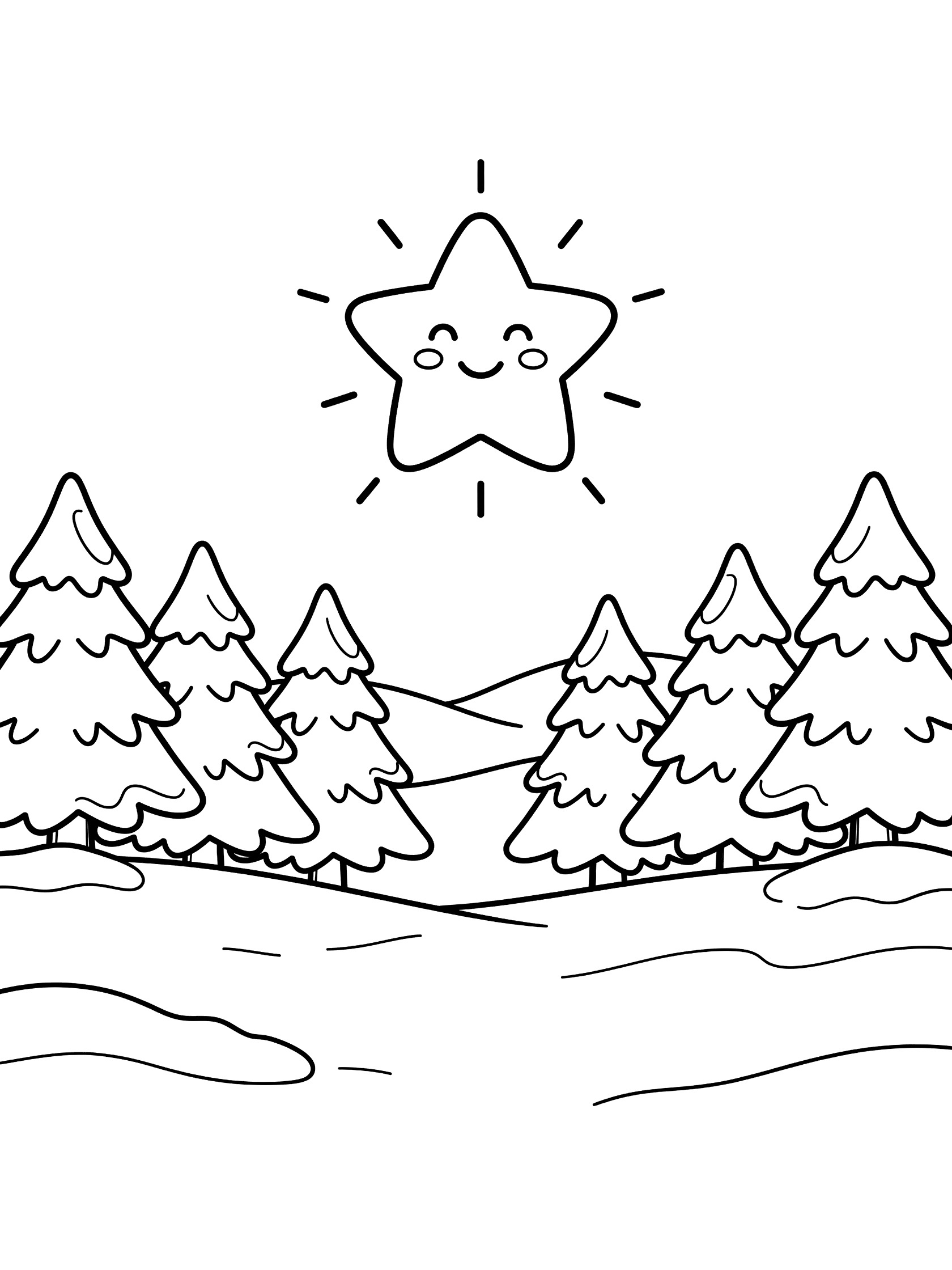 Black and white line art coloring page showing a large cute star with smiling face hovering above a row of snowy pine trees and drifts of snow on the ground.