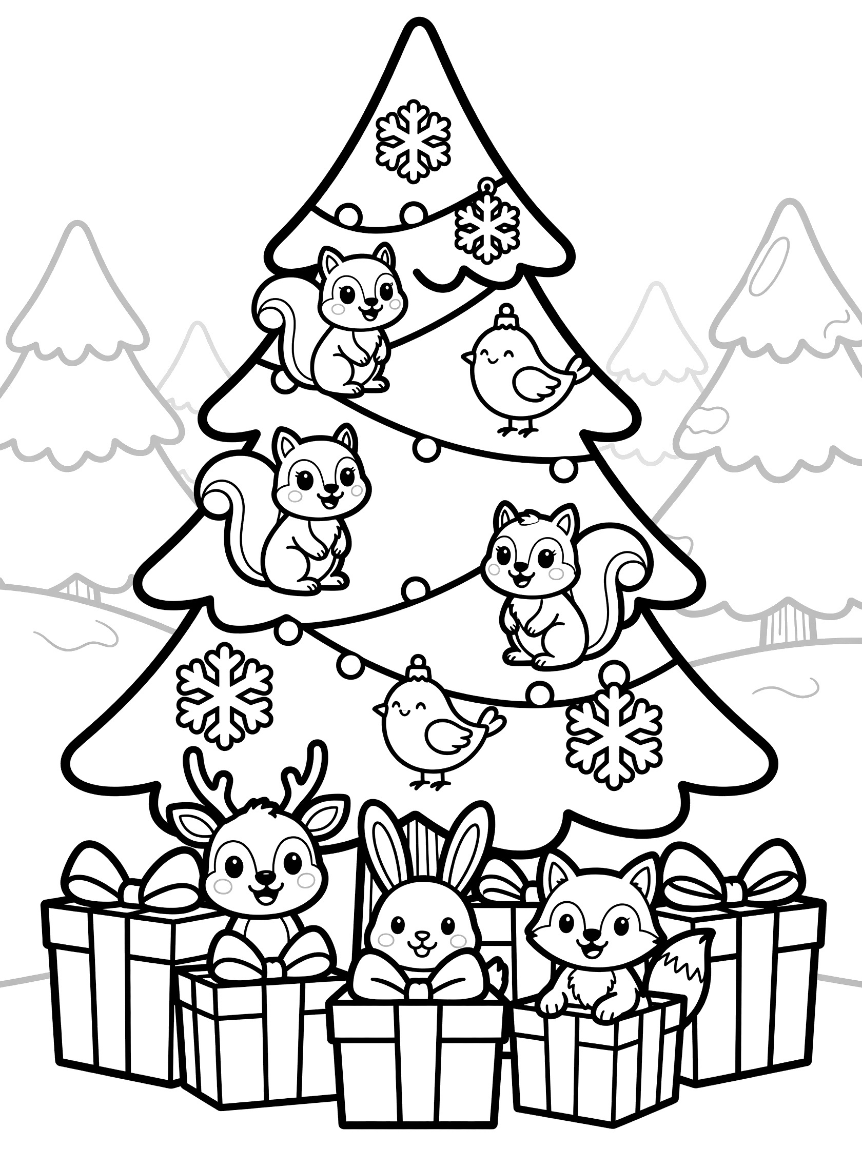 Cute cartoon Christmas tree presents coloring page with animals like squirrels, birds, deer, bunnies and fox around wrapped gifts and snowy background.