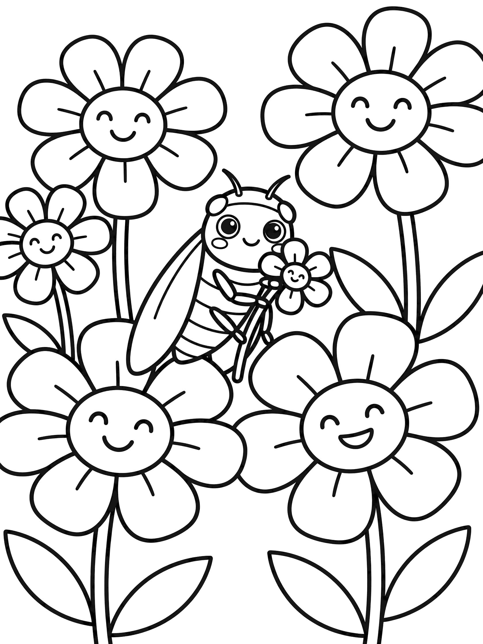 Black and white printable coloring page showing a kawaii cicada perched among blooming flowers with happy smiling faces, holding a small flower stem.