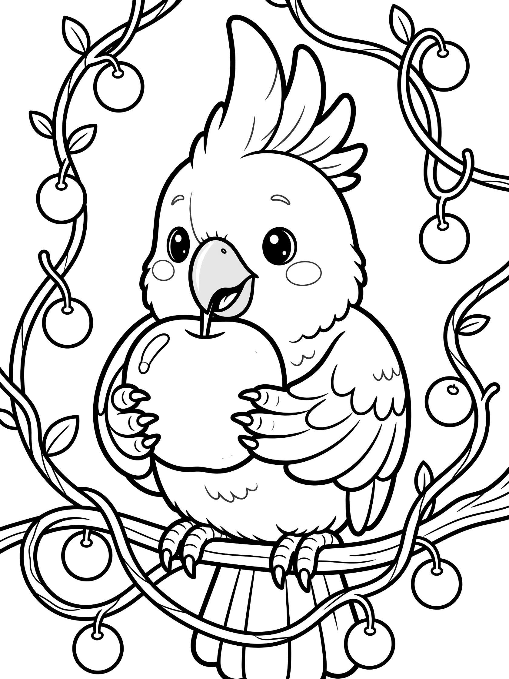 Adorable cockatoo parrot clutching a round apple, beak touching it, wide eyes, surrounded by vines with berries, black and white line art coloring page