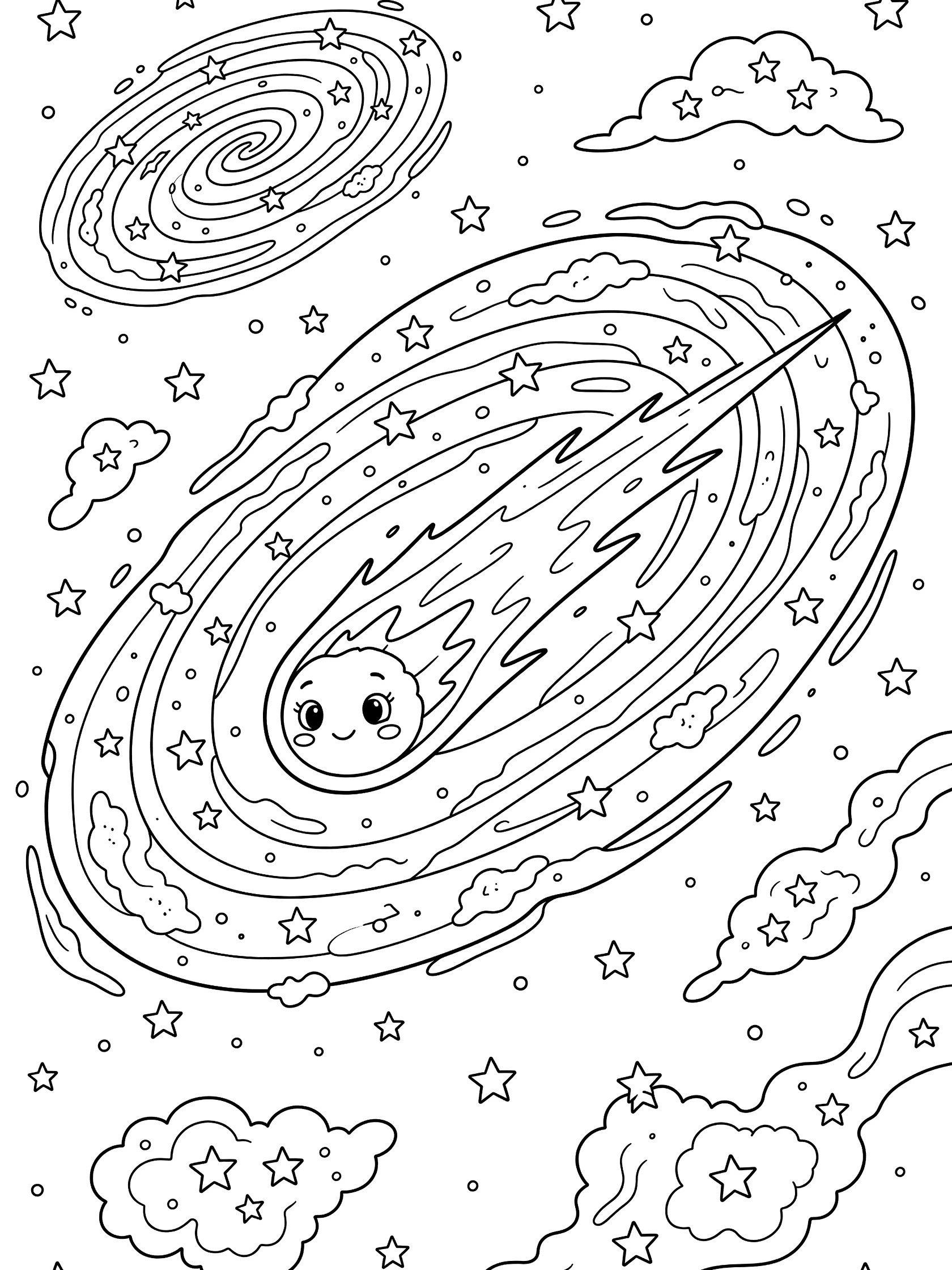 Black-and-white coloring page of a cute smiling comet streaking through the Andromeda Galaxy with swirling spiral arms, bright stars, and cloudy nebulae.