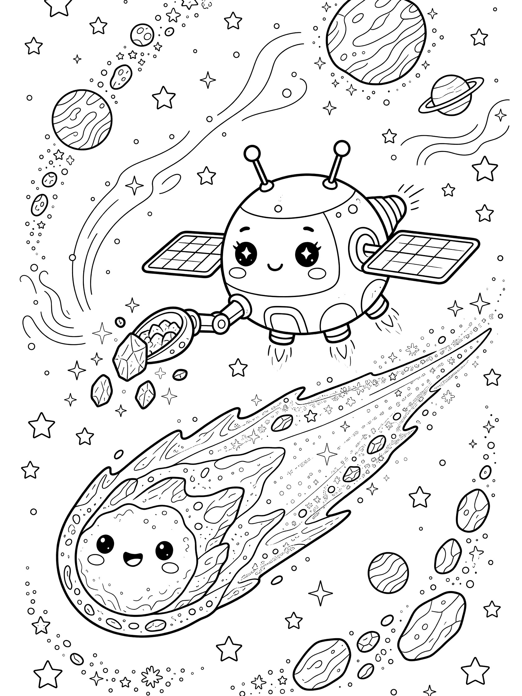 Kawaii line art coloring page showing a cute comet probe spacecraft extending its arm to sample a bumpy smiling comet in starry space with planets and asteroids.