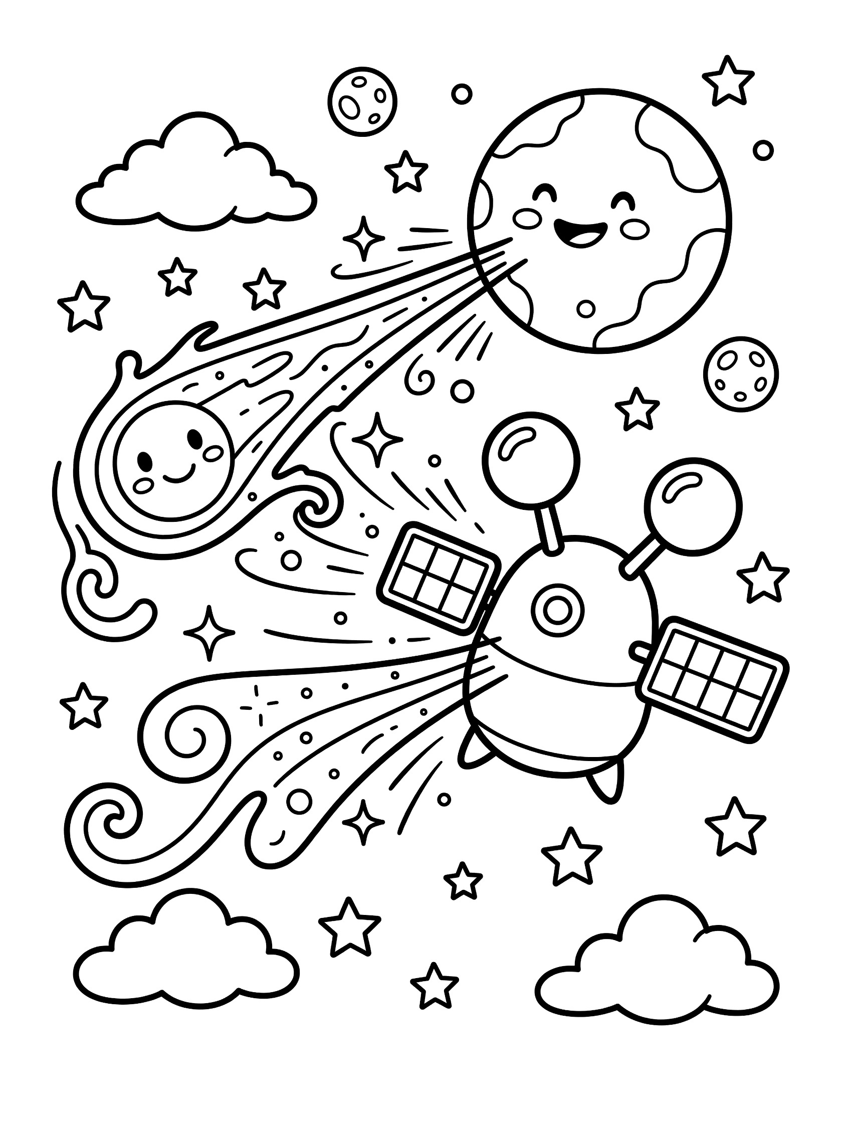 Whimsical doodle coloring page showing a cute cartoon comet probe with antennas and solar panels beaming wavy signals toward a happy planet, floating by a smiling comet with swirly tail, surrounded by stars, moons, and fluffy clouds.