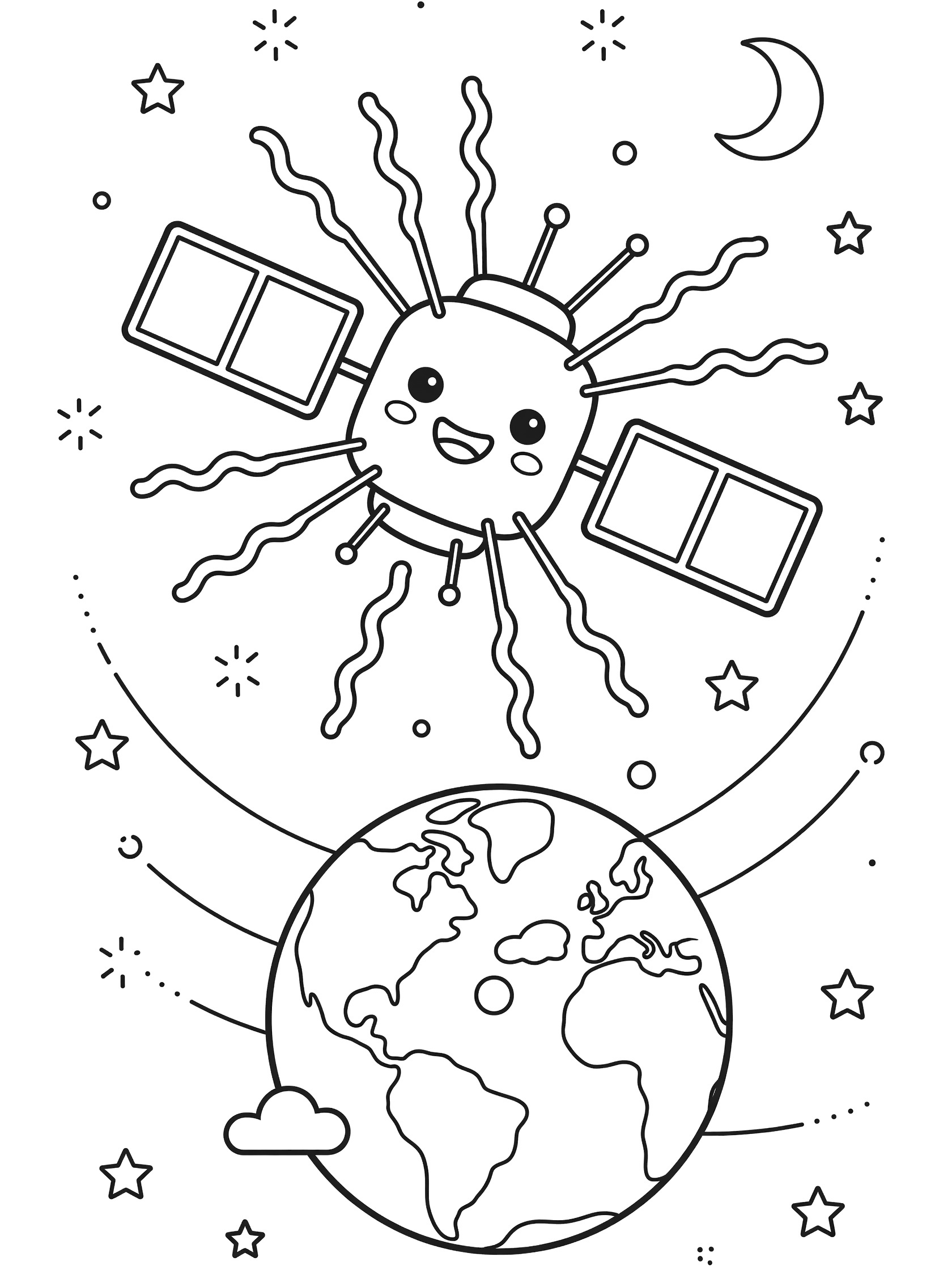 Whimsical line art coloring page featuring a cute satellite with happy face, extended antennas beaming wavy signals to planet Earth, solar panels, twinkling stars, and crescent moon in space