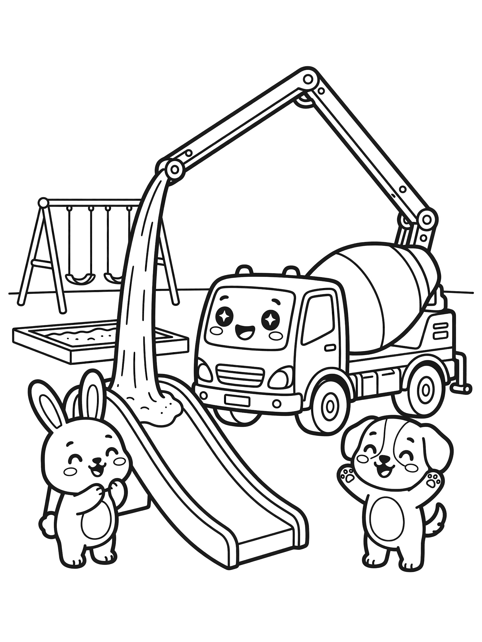 Black and white line art of a happy concrete pump truck with big eyes extending its arm to pour concrete into a slide at a playground site, with cute bunny and puppy clapping.