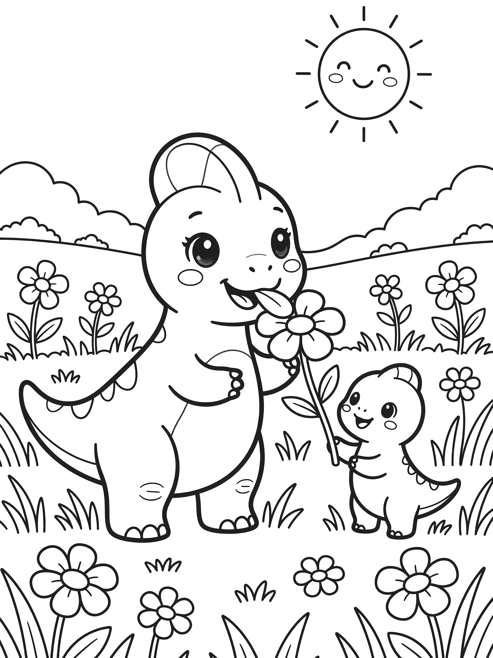 Corythosaurus coloring page showing big-eyed dinosaur eating flower with smaller dino friend in meadow with grass, wildflowers, hills, and happy sun