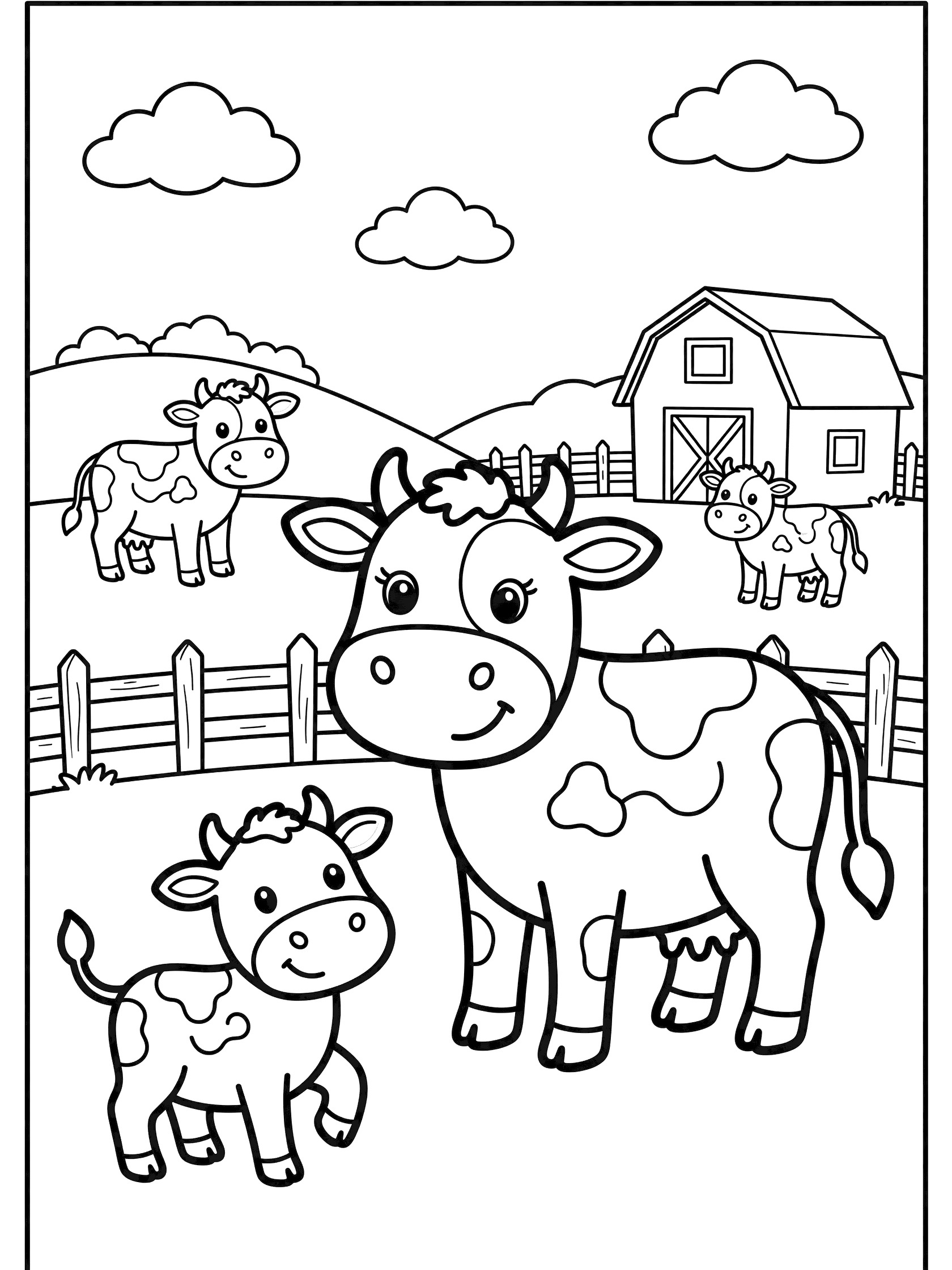 Printable coloring page showing a smiling mama cow with her calf, two other cows, a red barn, wooden fence, grassy hills, and fluffy clouds in a cute cartoon style.