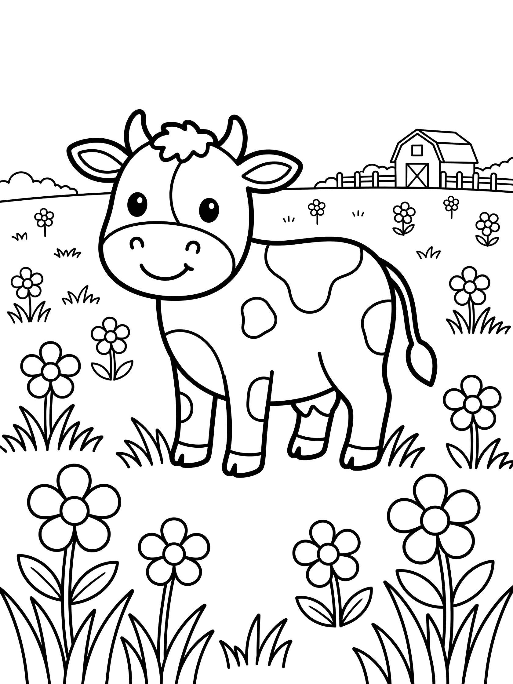 Black and white line drawing of a cute cartoon cow with spots and big smile standing in grass with flowers, a wooden barn, fence, and hills in the background. Cows themed black and white printable line art