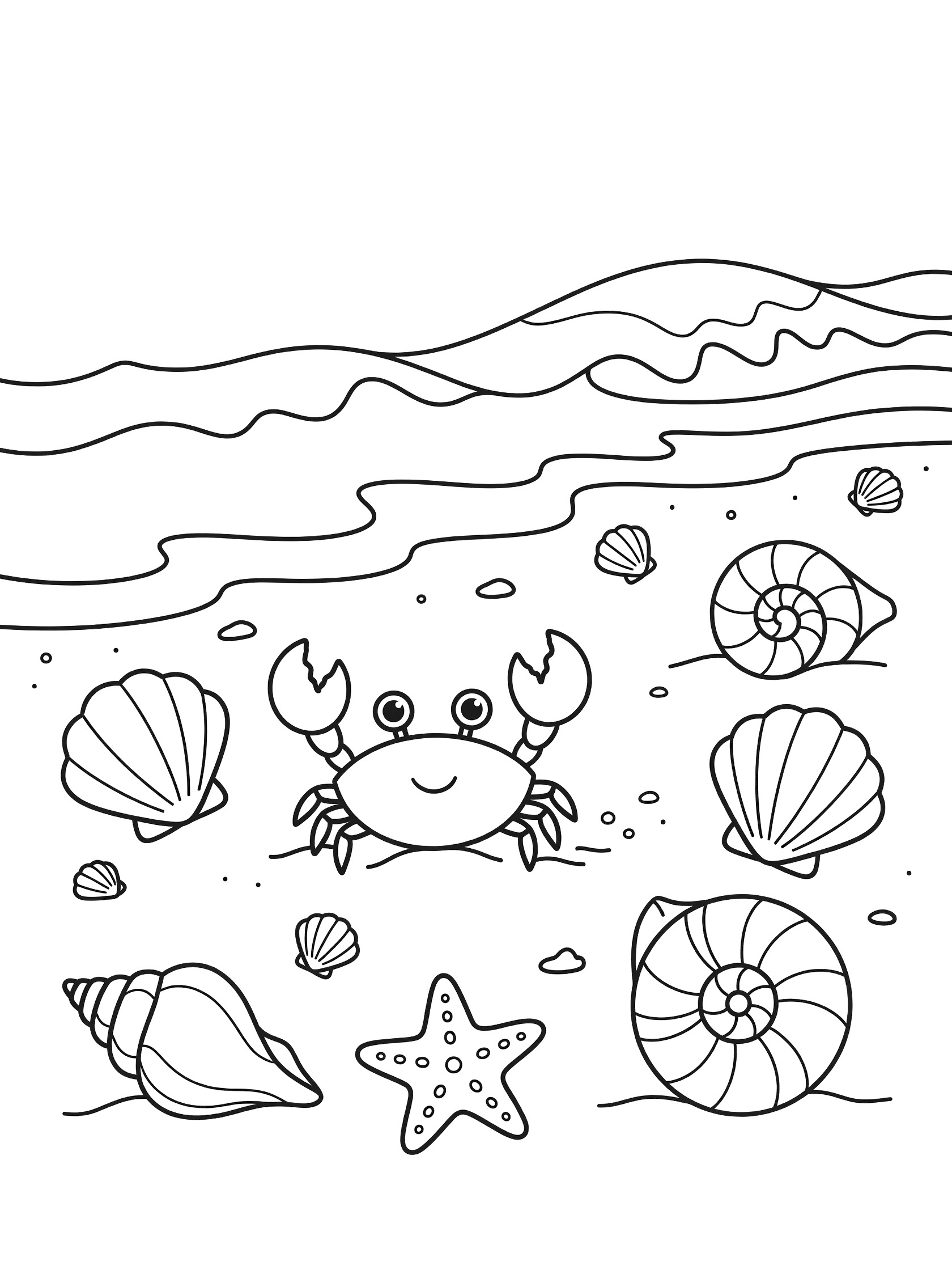 Black and white line drawing of a smiling crab walking on sandy beach surrounded by clamshells, spiral shells, and starfish with wavy ocean waves behind. Cabo San Lucas themed black and white printable line art
