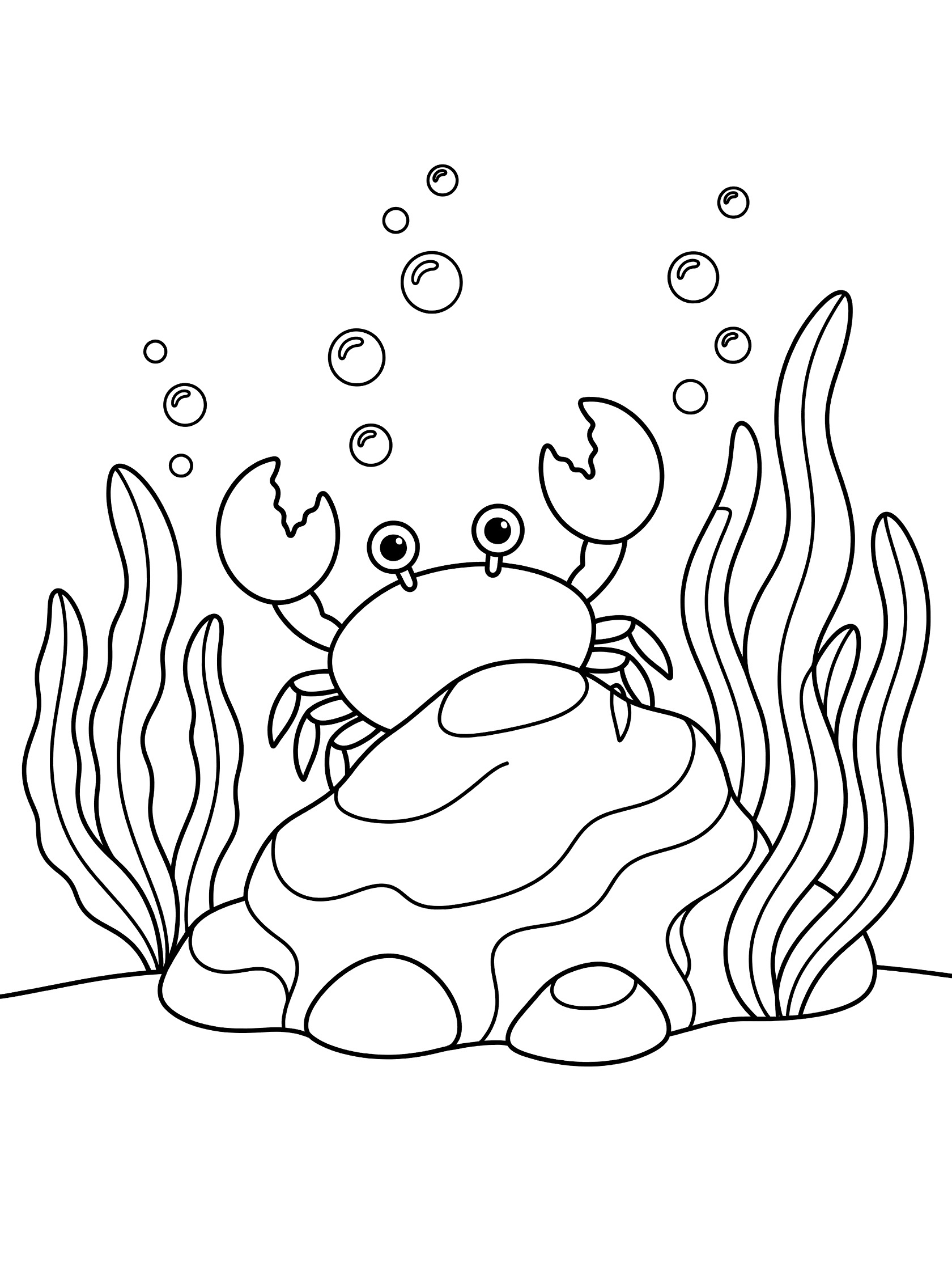 Black and white line art coloring page showing a crab with big eyes peeking over a rock, surrounded by seaweed and floating bubbles on white background.
