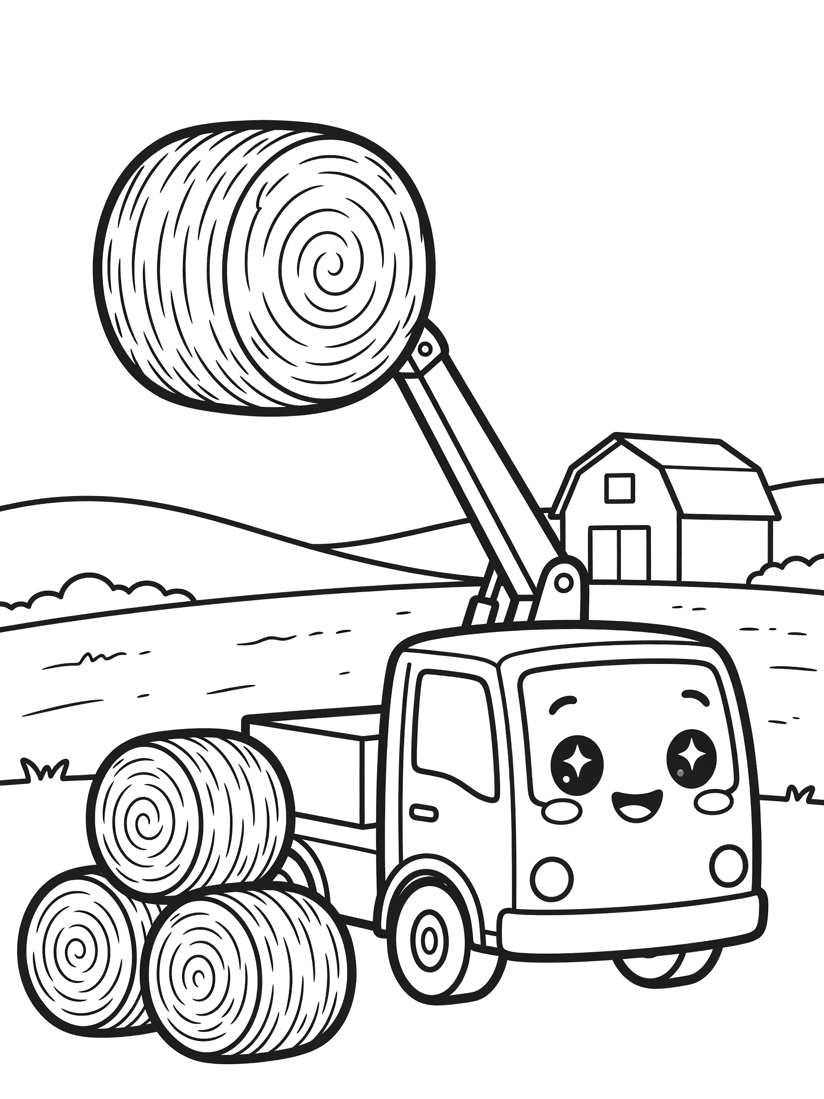 Kawaii crane truck with big eyes and smile lifting round hay bale using crane arm, hay bales on truck bed, farm barn and hills in background, line art coloring page