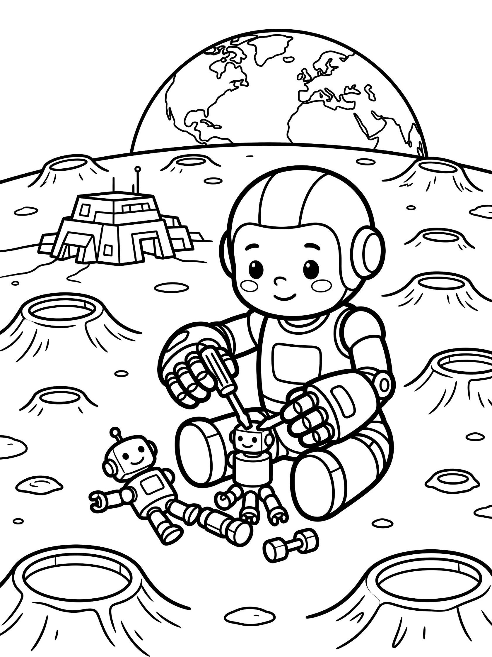 Cyborg sitting on moon assembling friendly mini robot from parts at lunar base coloring page