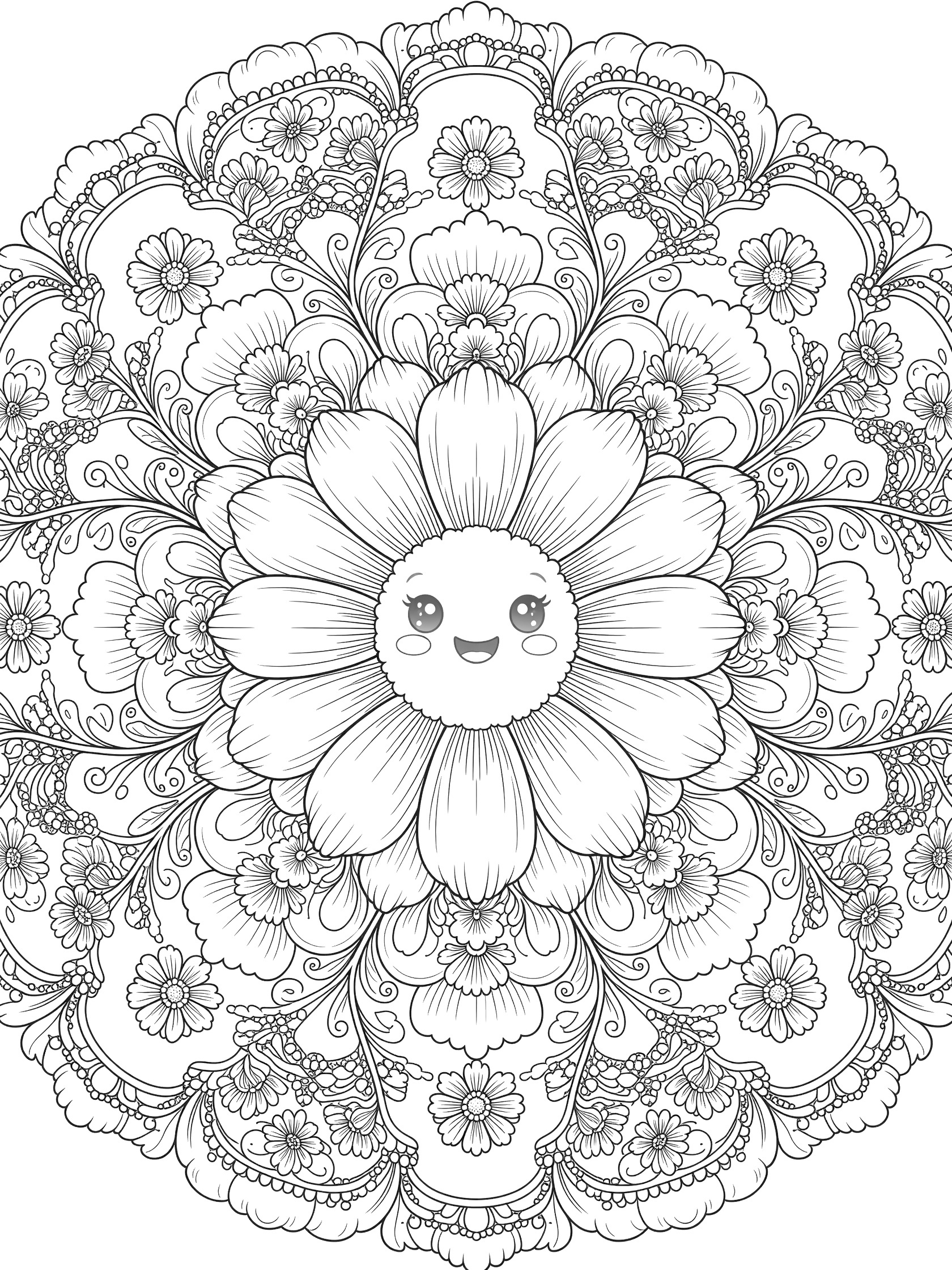 Kawaii-style Daisy Mandala coloring page featuring a happy daisy with big eyes and smile in the center, surrounded by symmetrical petals, swirling vines, leaves, and tiny buds in fine line art.
