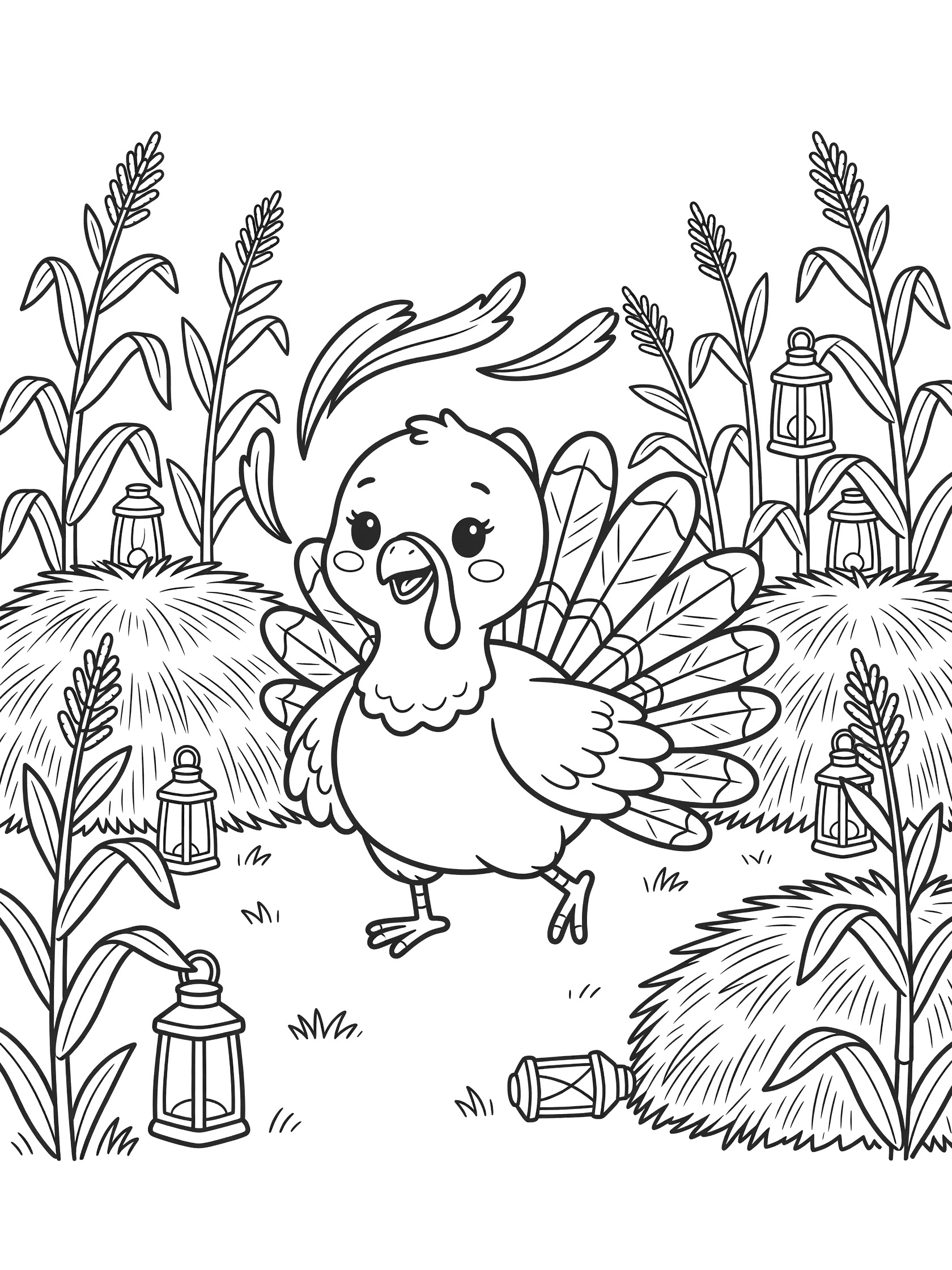 Black and white line art coloring page showing a joyful kawaii style baby turkey dancing with swaying tail feathers, surrounded by cornstalks, haystacks and lanterns on a white background.