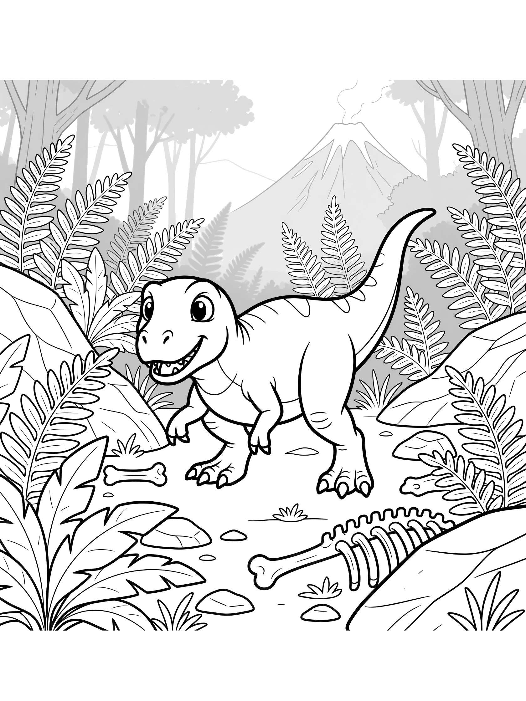 Cute Daspletosaurus dinosaur crouched low stalking in a prehistoric forest coloring page with ferns, rocks, bones, and volcano background