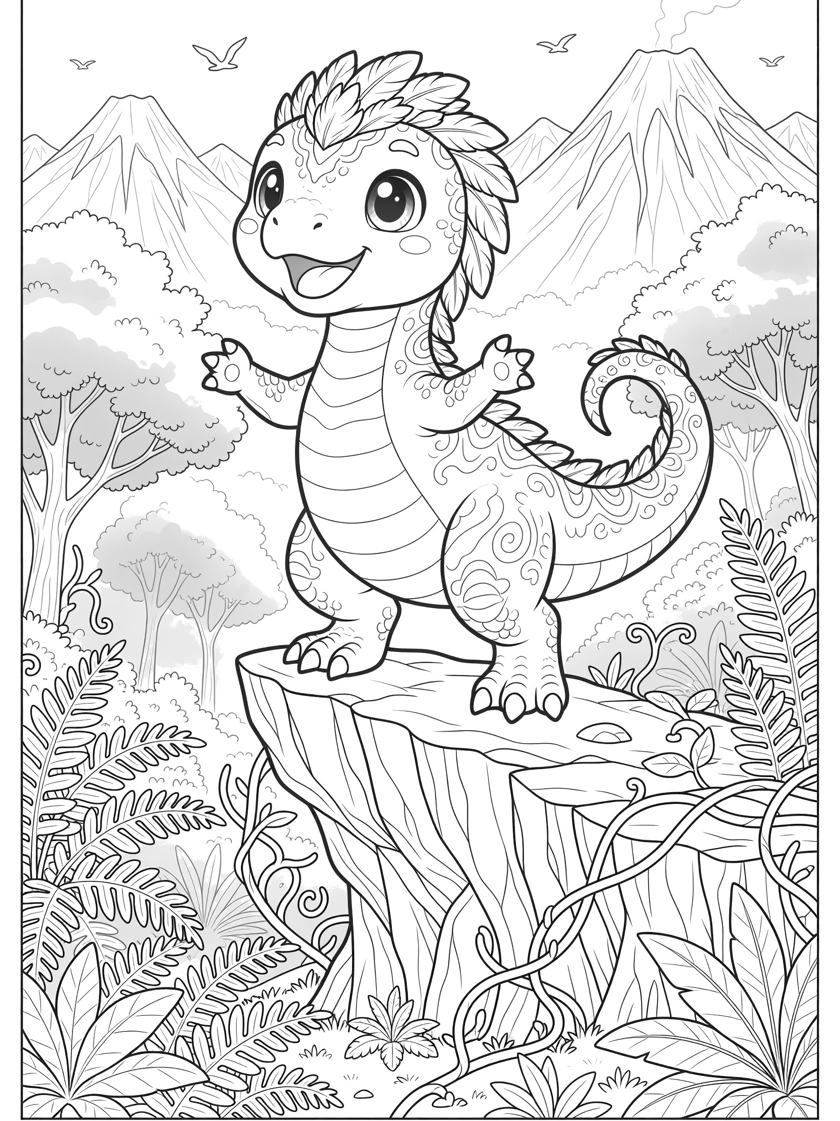 Detailed line art coloring page showing a cute Daspletosaurus with big eyes, perched playfully on a jagged rock in a lush forest scene with misty trees and distant volcanoes.